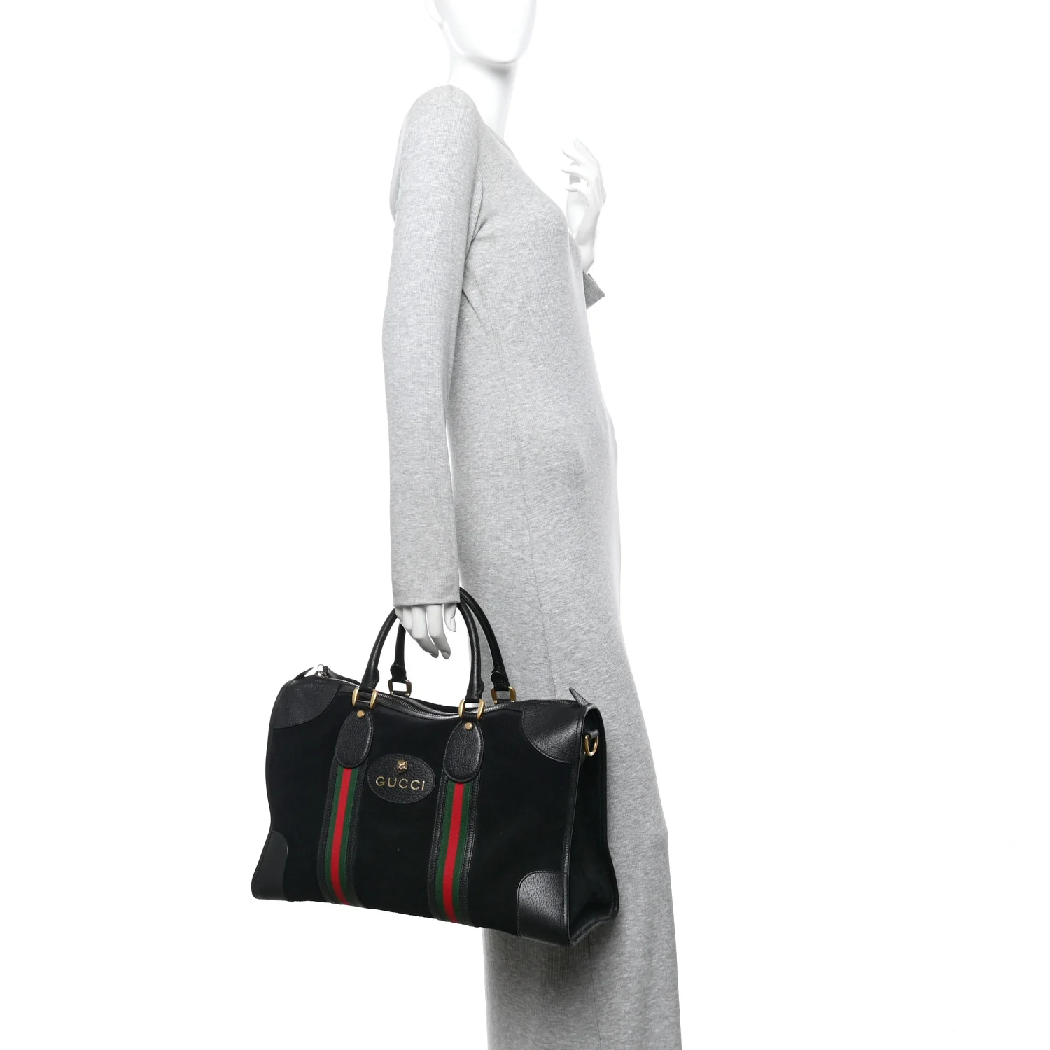 Suede Daino Textured Dollar Calfskin Web Medium Duffle Bag Black - Image 2
