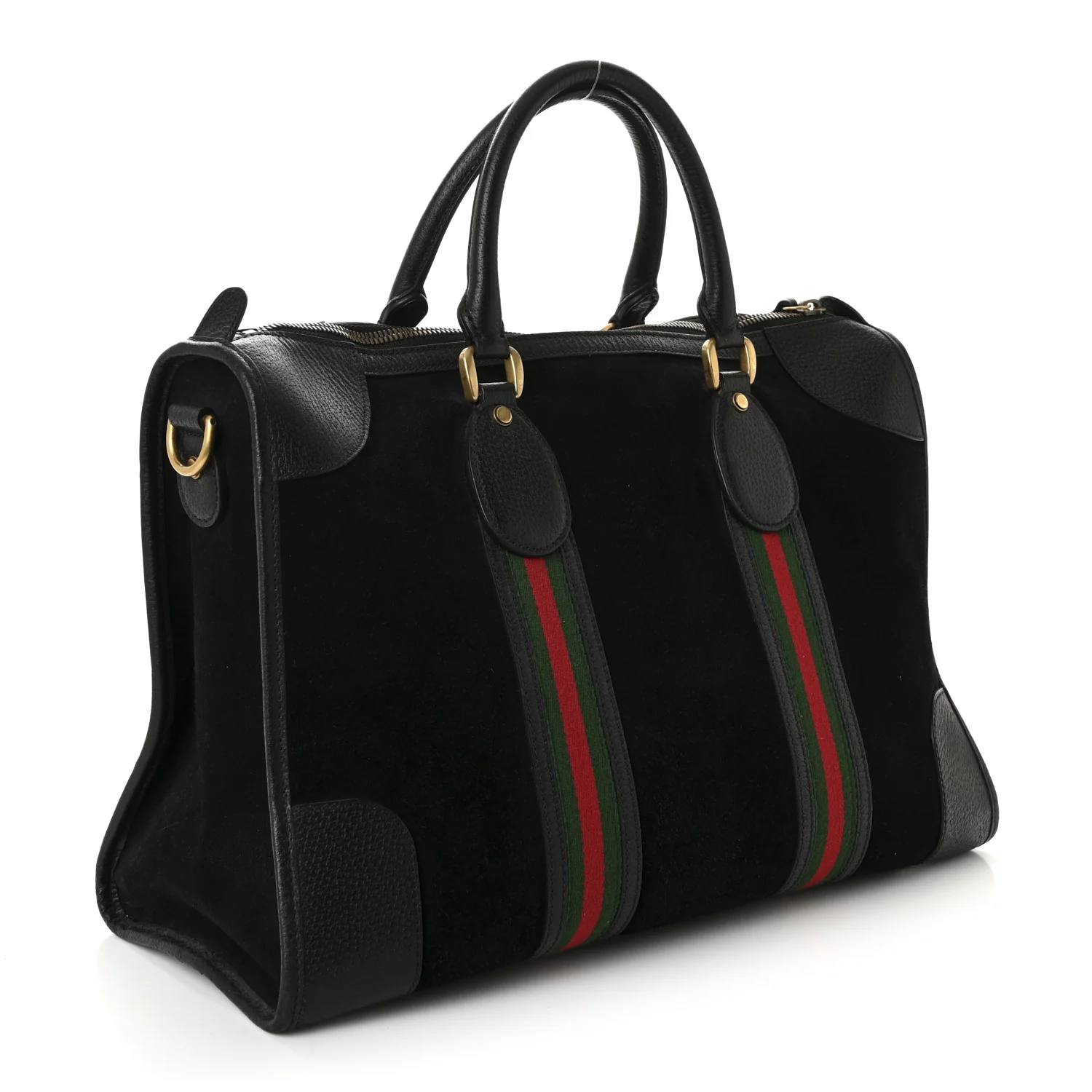 Suede Daino Textured Dollar Calfskin Web Medium Duffle Bag Black - Image 3