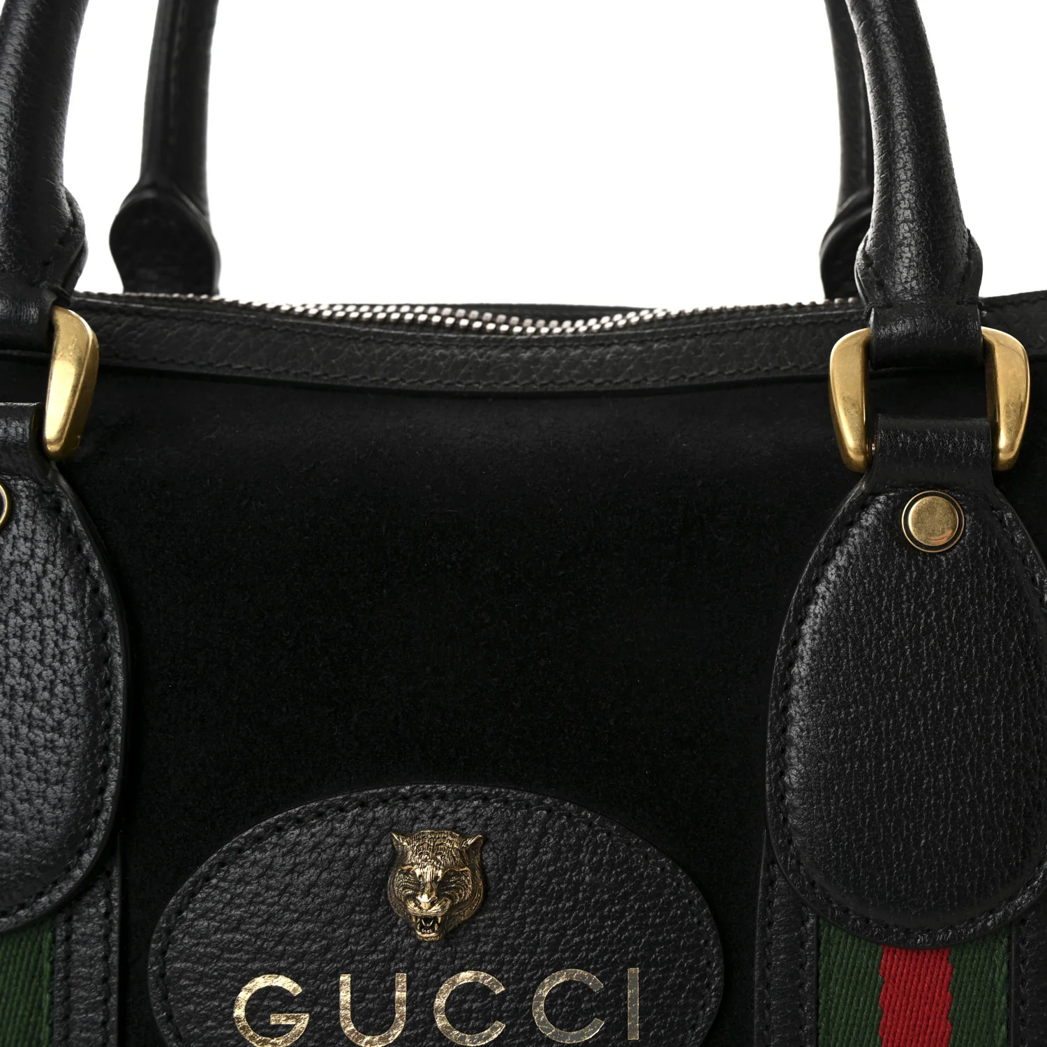 Suede Daino Textured Dollar Calfskin Web Medium Duffle Bag Black - Image 8