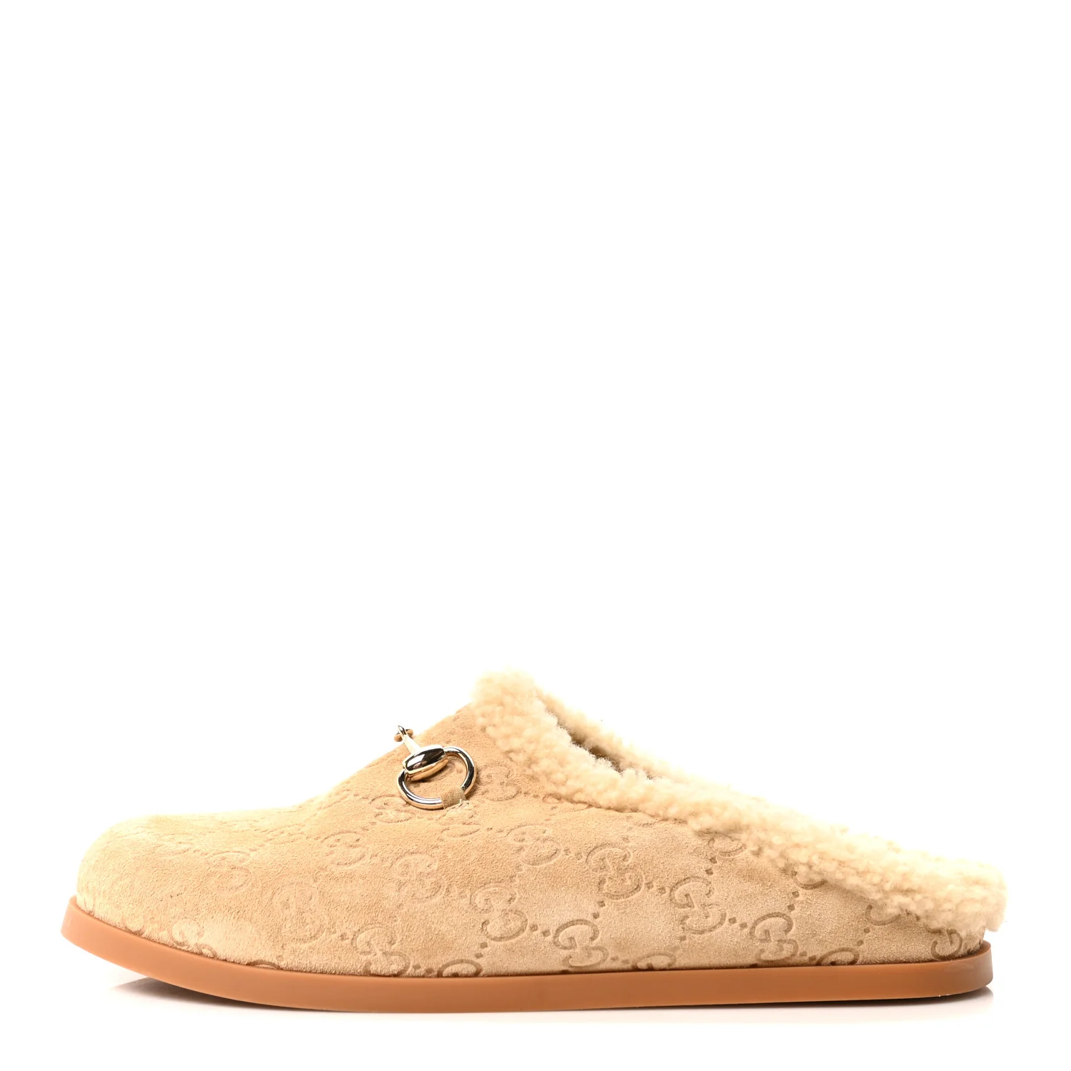 Suede GG Debossed Shearling Womens Horsebit Mules 39 Beige