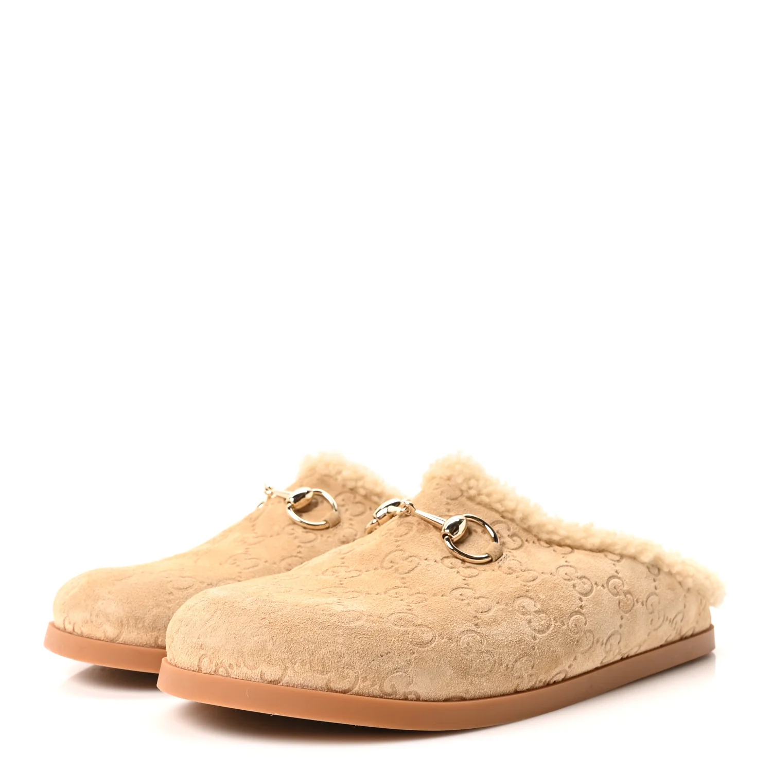 Suede GG Debossed Shearling Womens Horsebit Mules 39 Beige - Image 4
