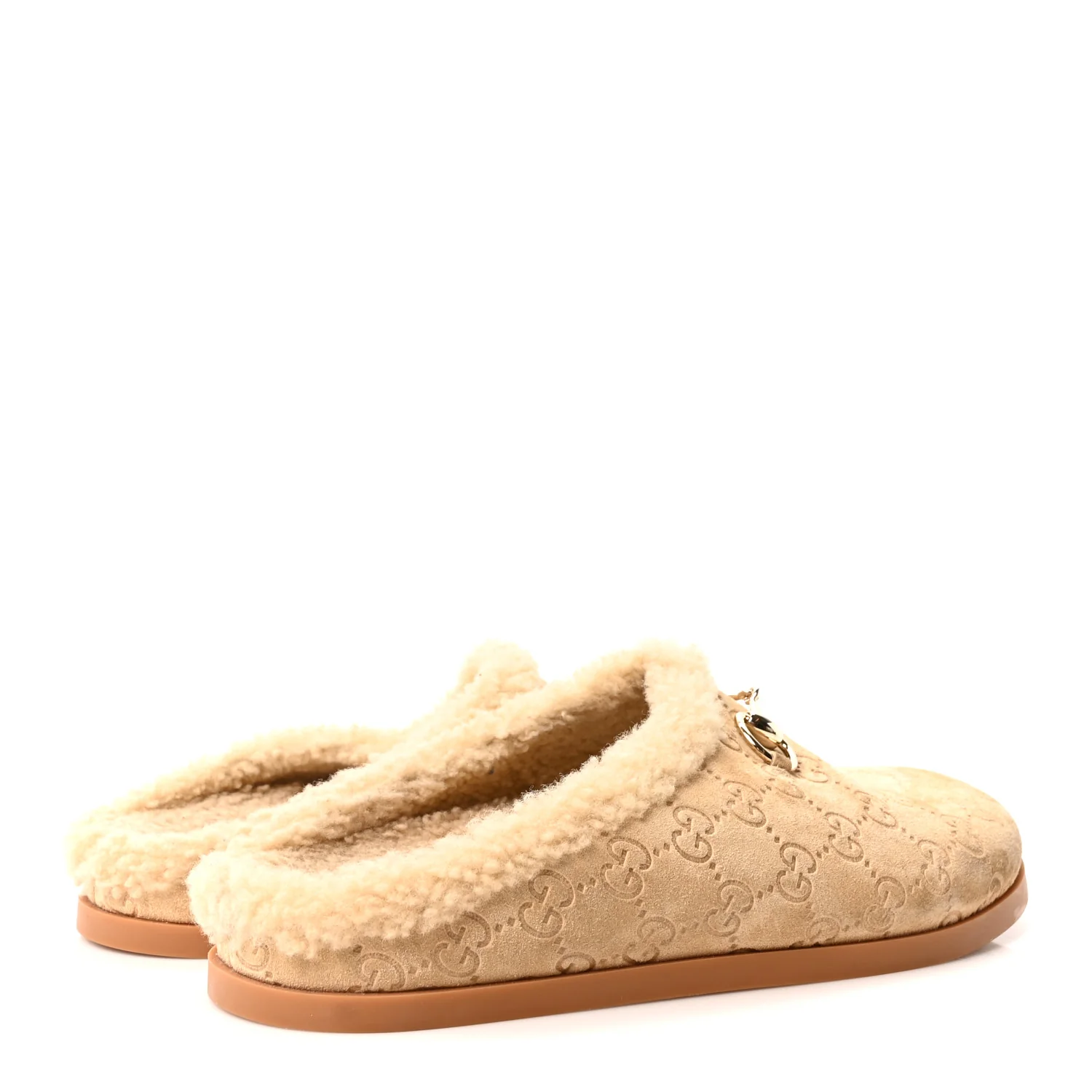 Suede GG Debossed Shearling Womens Horsebit Mules 39 Beige - Image 5