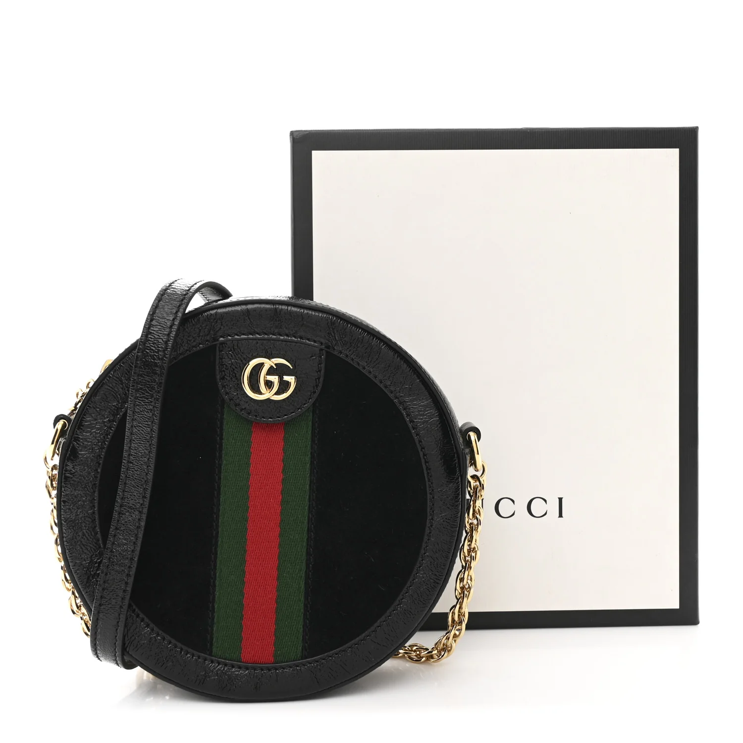 Suede Patent Web Mini Ophidia Round Shoulder Bag Black - Image 11