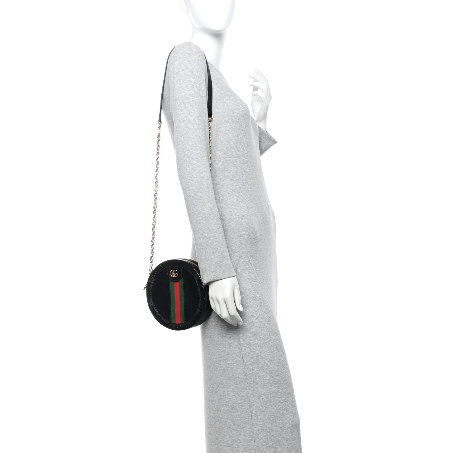 Suede Patent Web Mini Ophidia Round Shoulder Bag Black - Image 2