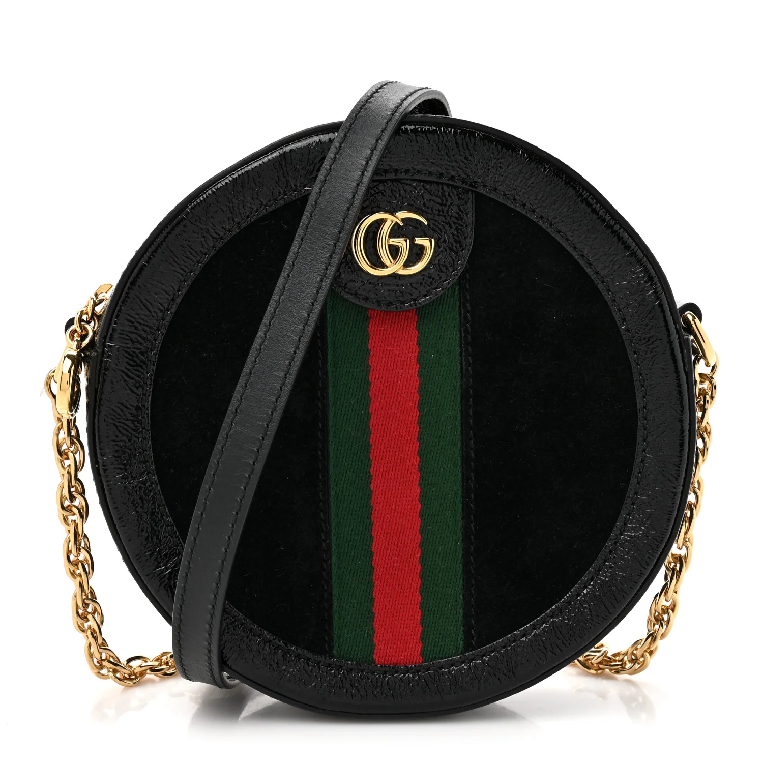 Suede Patent Web Mini Ophidia Round Shoulder Bag Black