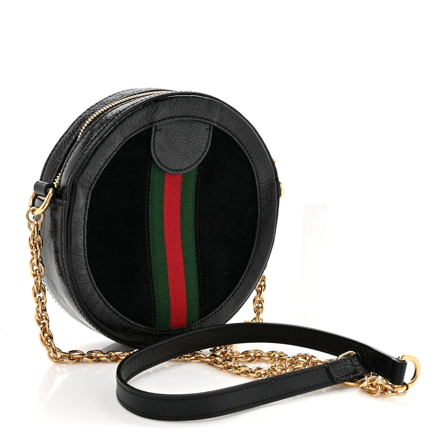 Suede Patent Web Mini Ophidia Round Shoulder Bag Black - Image 3