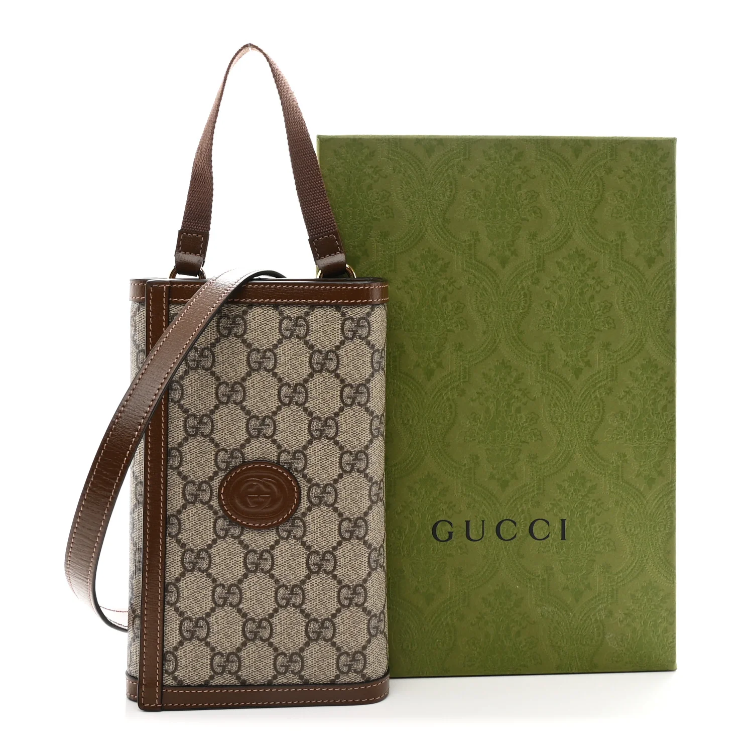 Supreme Monogram Textured Calfskin Retro Interlocking G Medium Wallet On Strap Beige Ebony Brown Sugar - Image 11