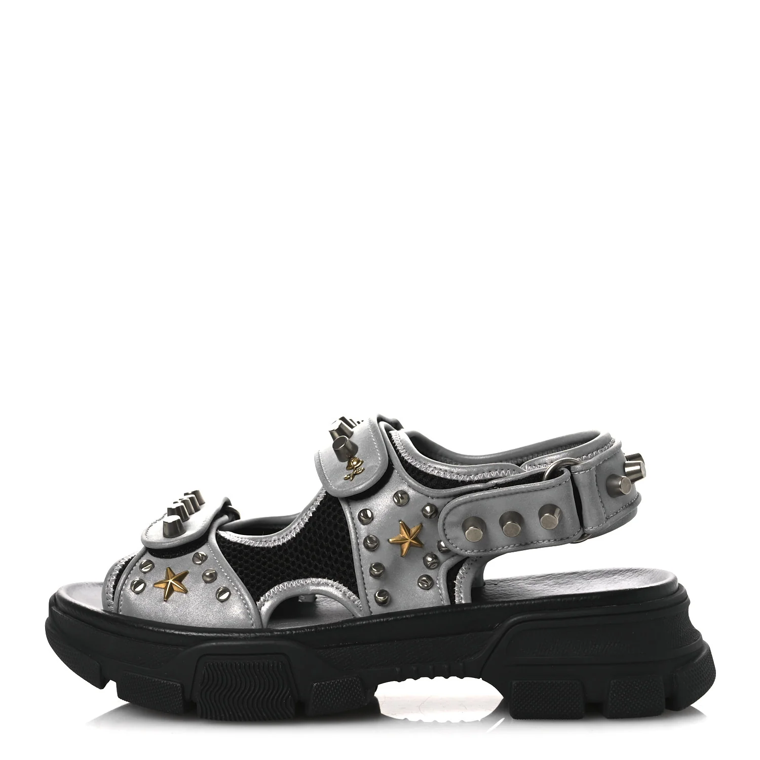 Technical Canvas Calfskin Reflective Studded Mens Aguru Sandals 6.5 Silver Black