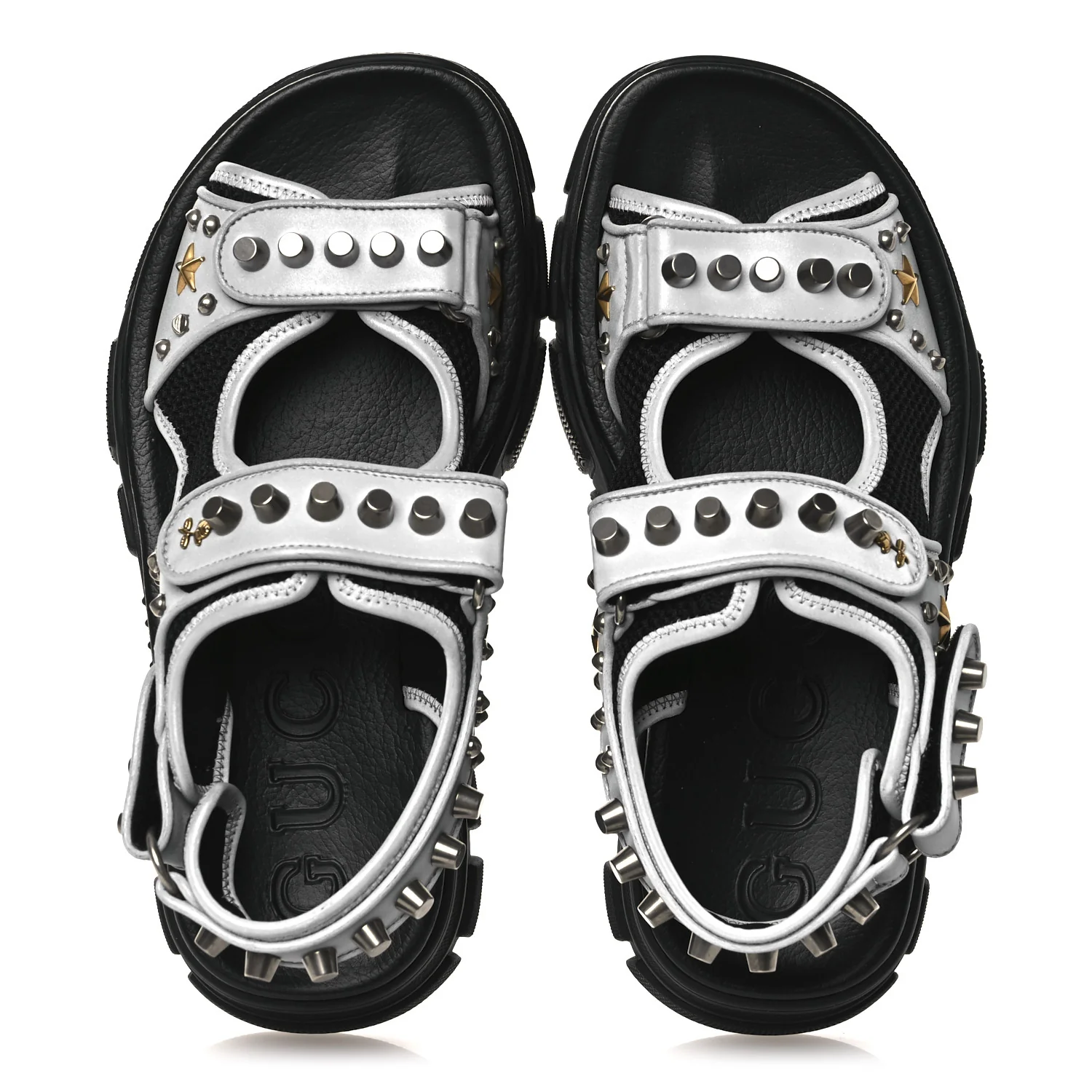 Technical Canvas Calfskin Reflective Studded Mens Aguru Sandals 6.5 Silver Black - Image 2