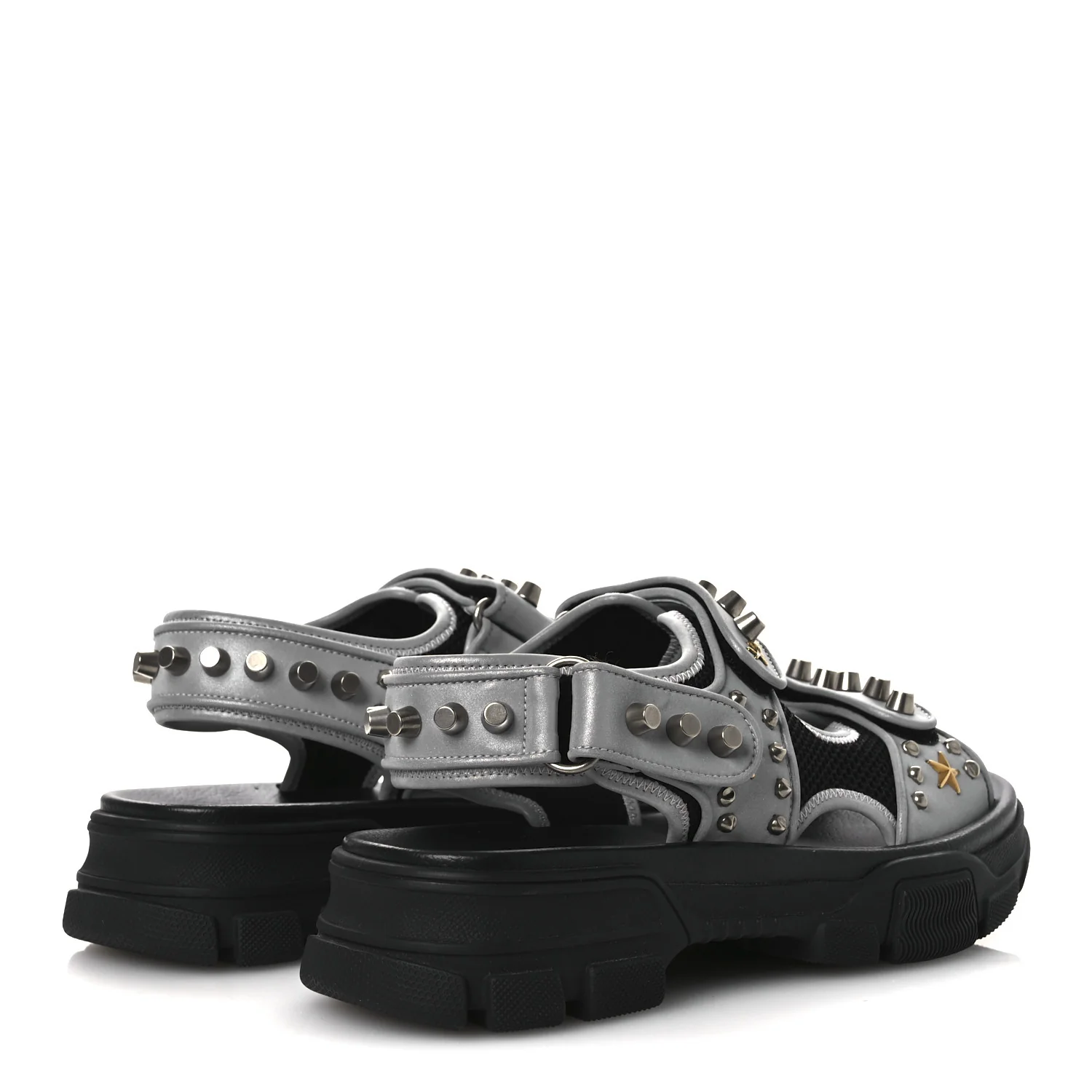 Technical Canvas Calfskin Reflective Studded Mens Aguru Sandals 6.5 Silver Black - Image 5