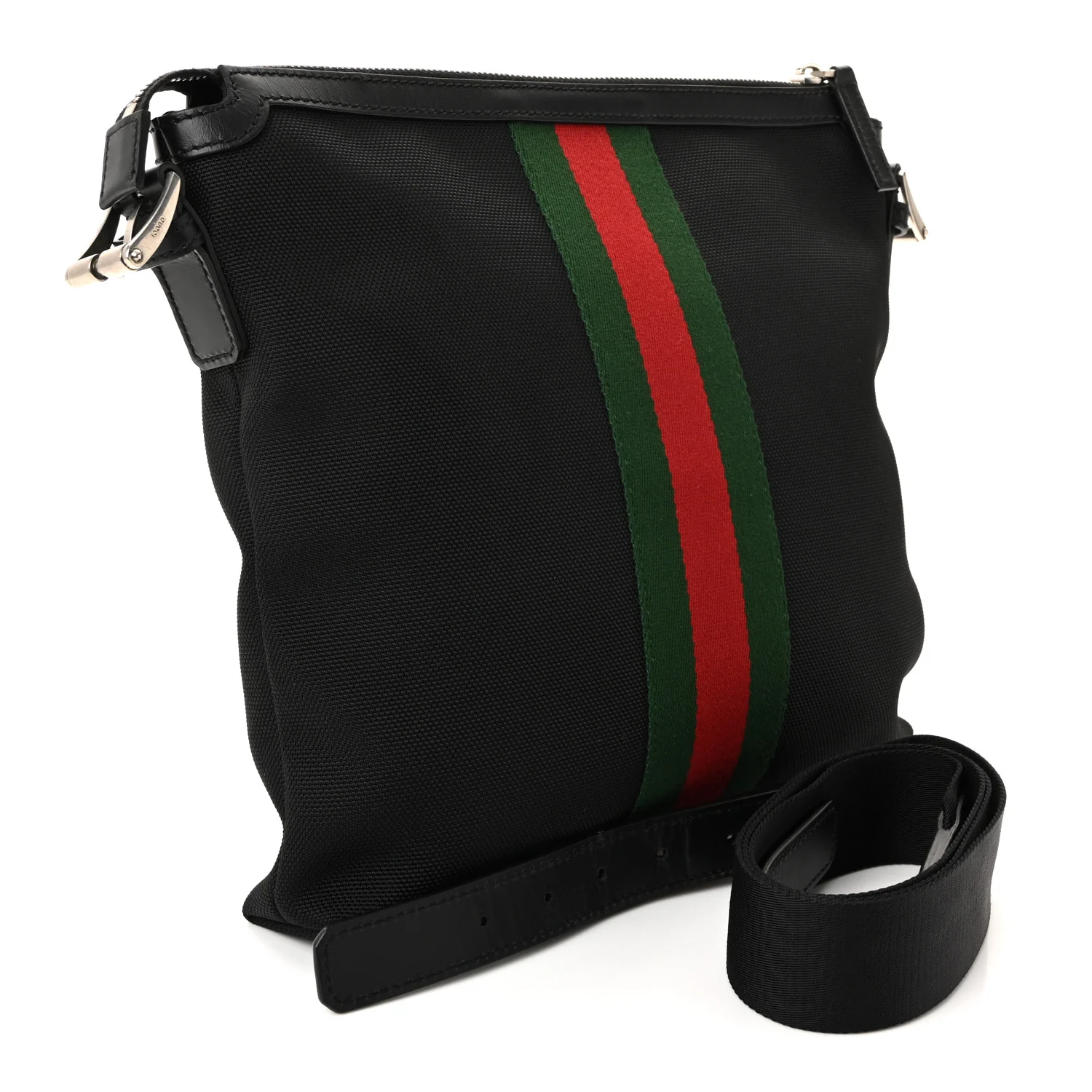 Techno Canvas Selleria Calfskin Web Small Flat Messenger Bag Black - Image 3