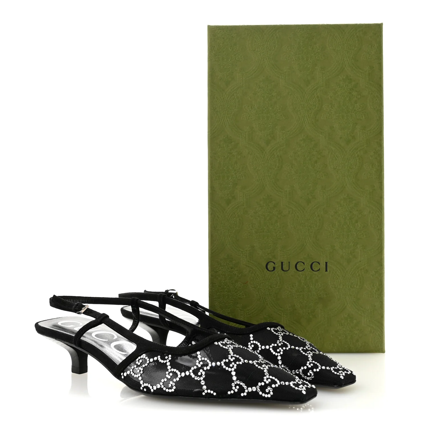 Tela Retino Kid Scamosciato Crystal GG Monogram Square G 35mm Slingback Pumps 37 Black - Image 9