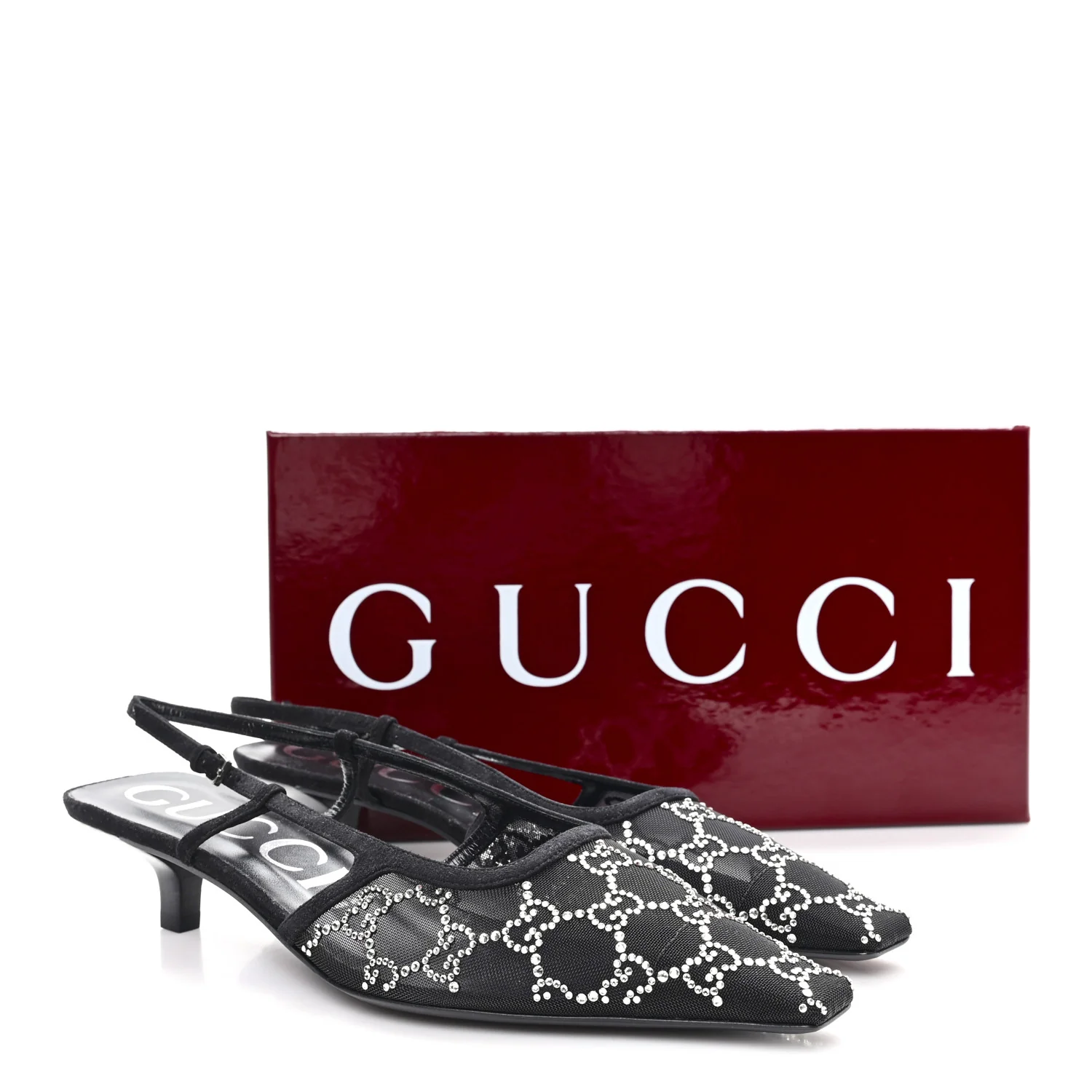 Tela Retino Kid Scamosciato Crystal GG Monogram Square G 35mm Slingback Pumps 39.5 Black - Image 9