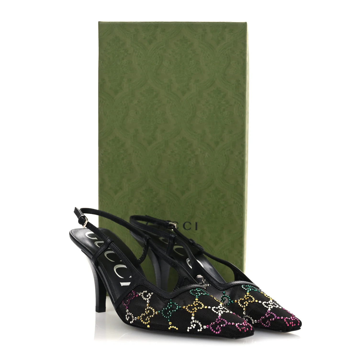 Tela Retino Nappa Charlotte Crystal GG Monogram Square G 75mm Slingback Pumps 37 Black - Image 12