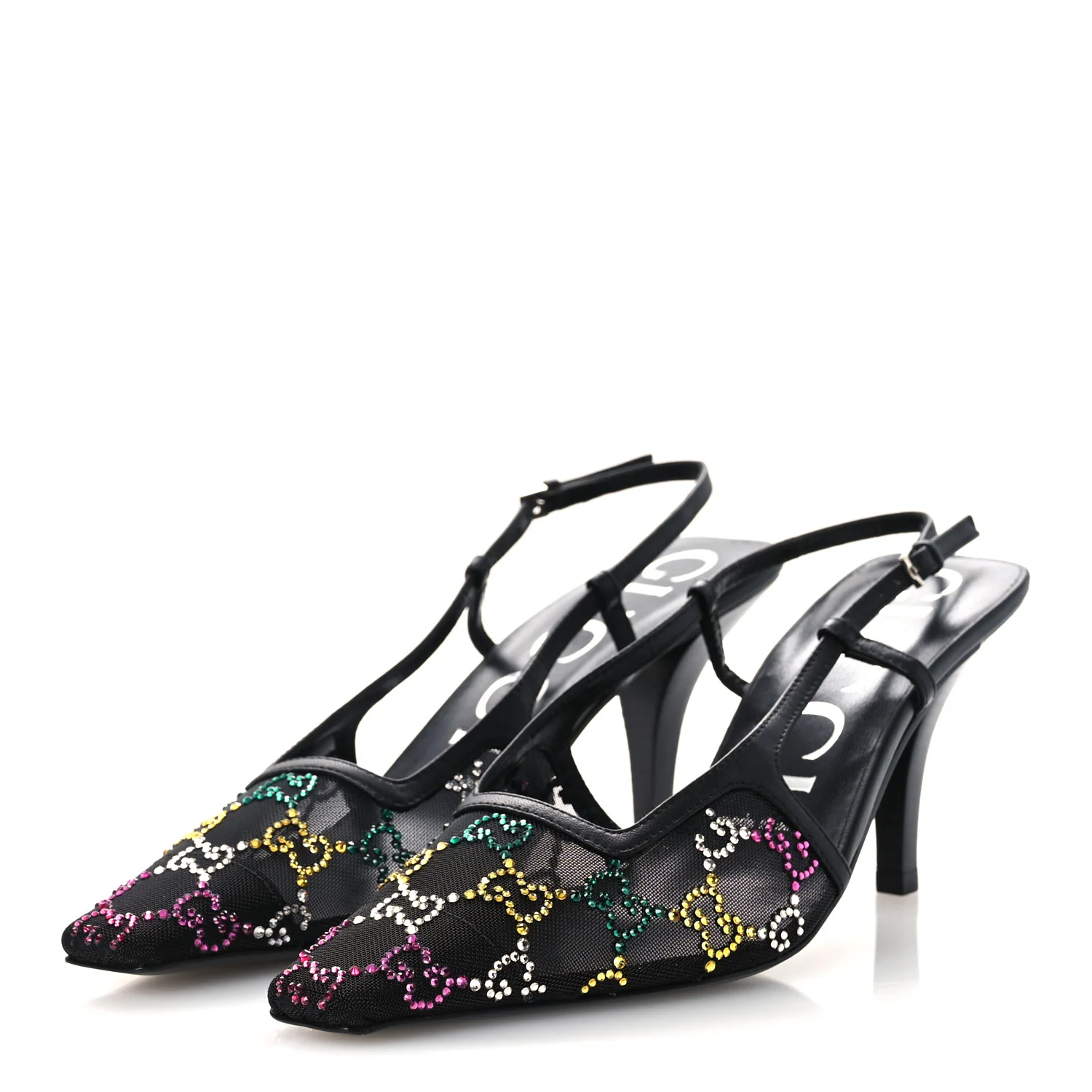 Tela Retino Nappa Charlotte Crystal GG Monogram Square G 75mm Slingback Pumps 37 Black - Image 4