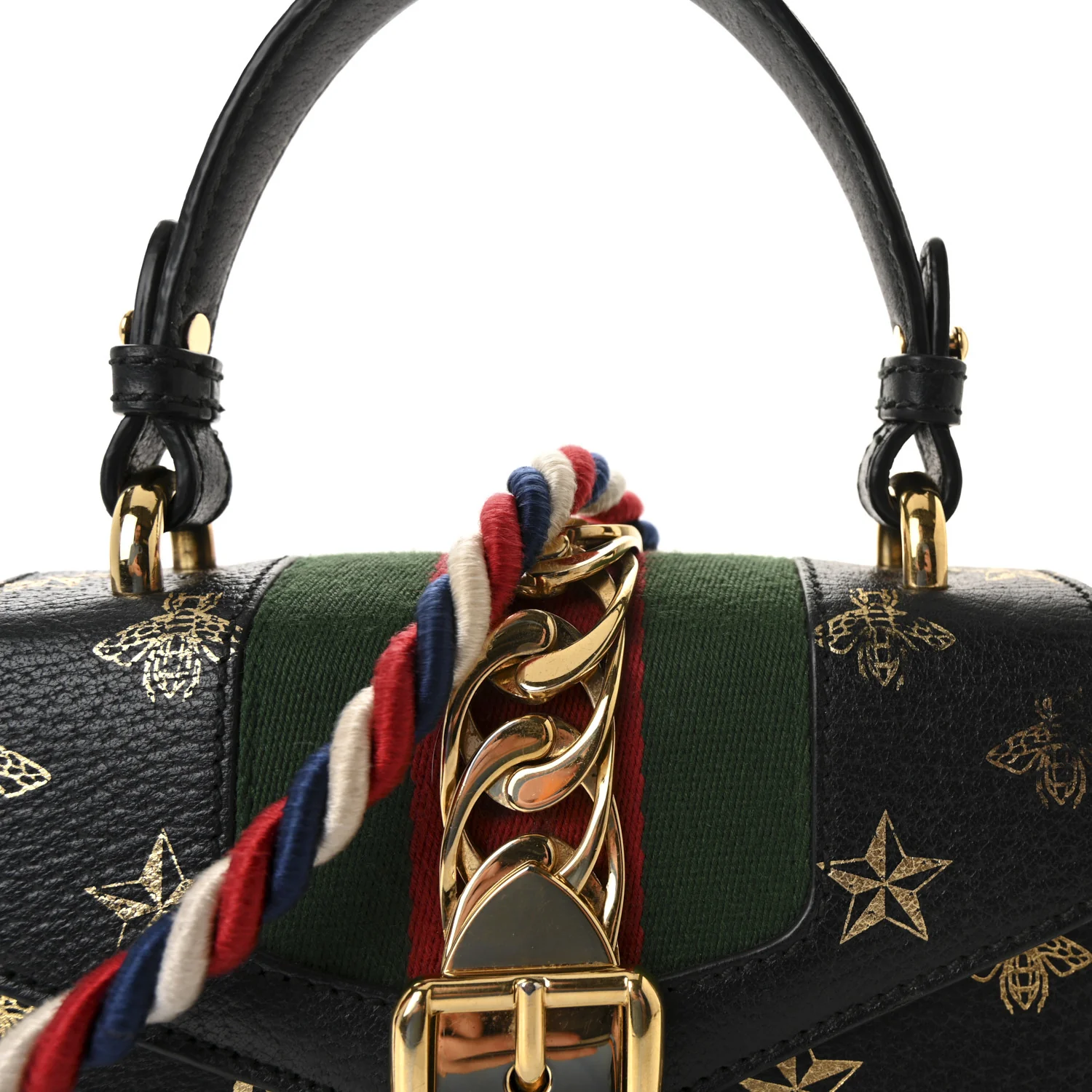 Textured Calfskin Bee Star Print Mini Sylvie Top Handle Bag Black - Image 8