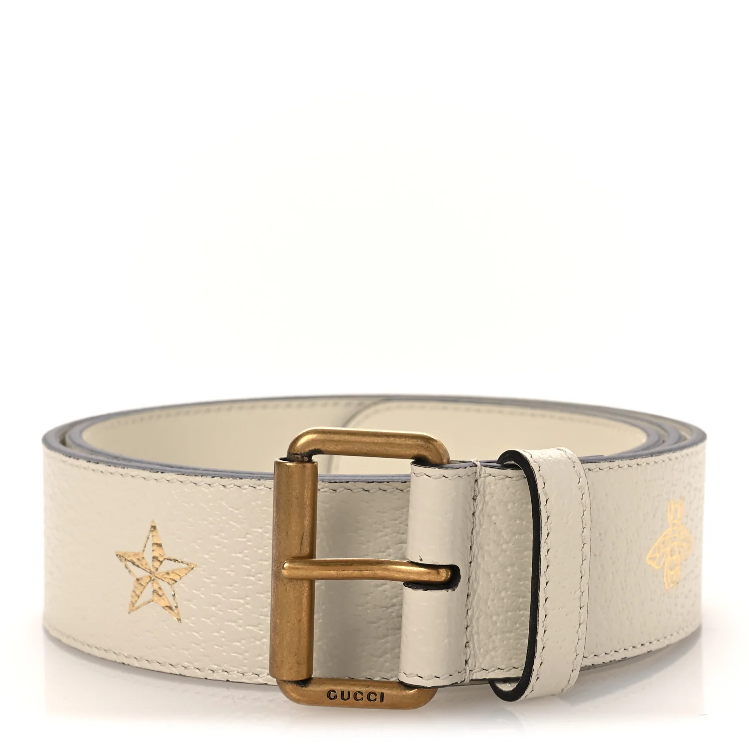 Textured Dollar Calfskin Bees And Stars Print Womens 40mm Belt 90 36 Mystic White Gold