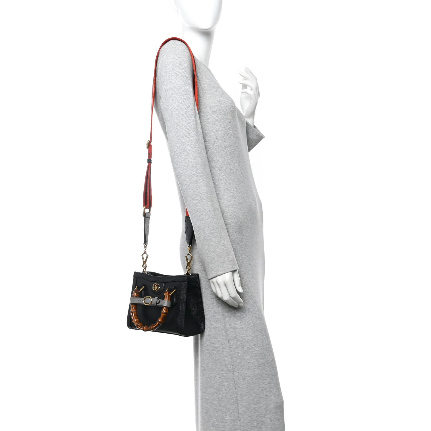 Textured Dollar Calfskin Web Mini Diana Tote Bag Black - Image 2