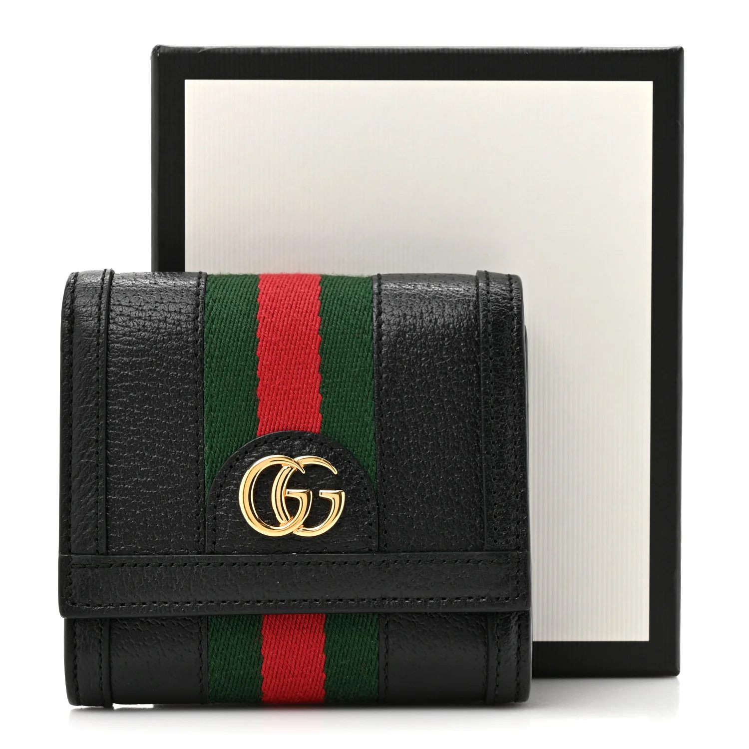 Textured Dollar Calfskin Web Ophidia Card Case Wallet Black - Image 9