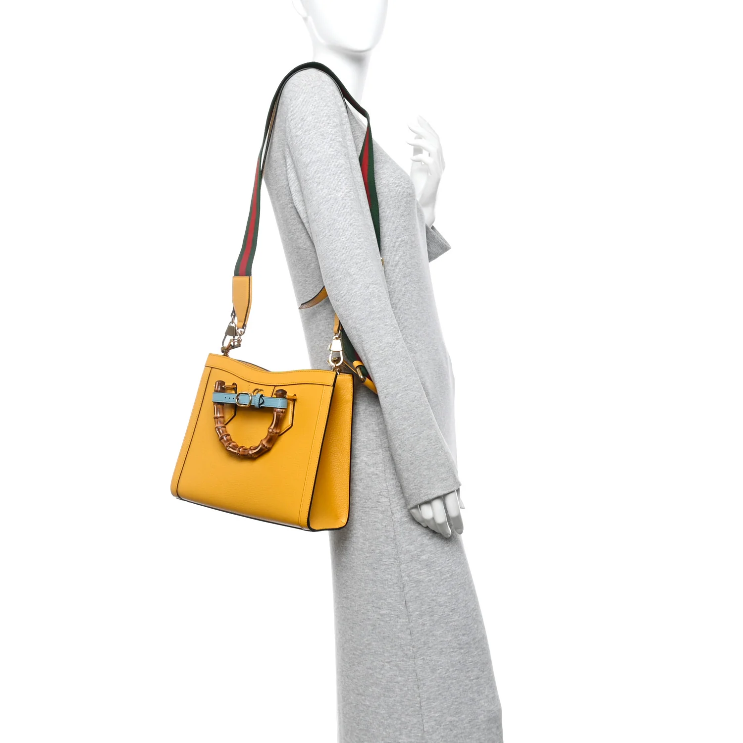 Textured Dollar Calfskin Web Small Diana Tote Bag Yellow Dusty Azure - Image 2