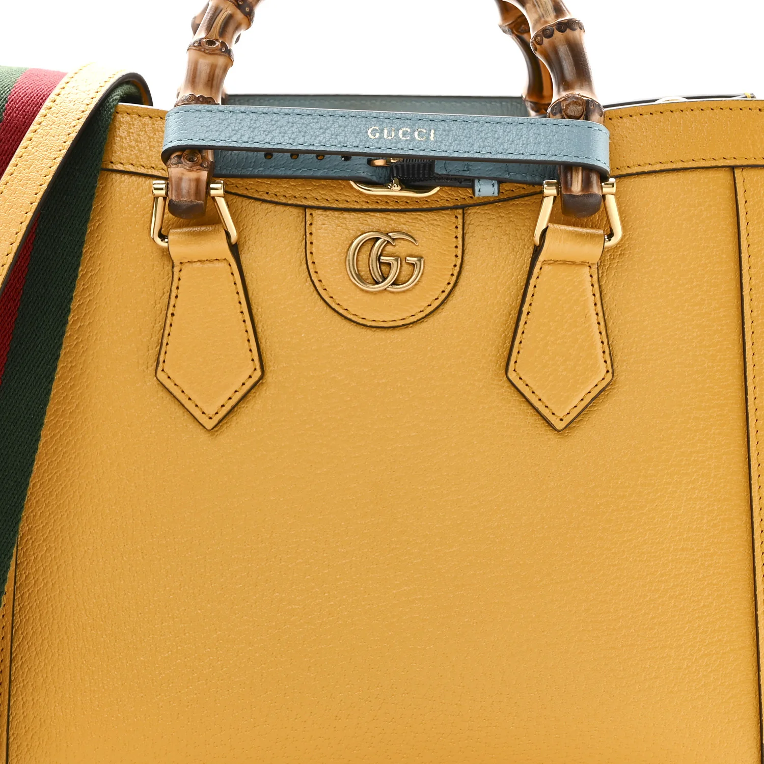 Textured Dollar Calfskin Web Small Diana Tote Bag Yellow Dusty Azure - Image 8