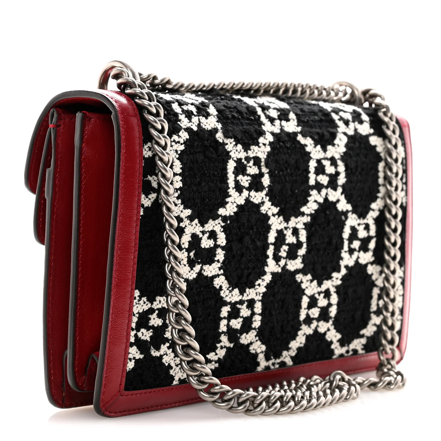 Tweed GG Monogram Small Dionysus Shoulder Bag Black White Romantic Cherry - Image 3