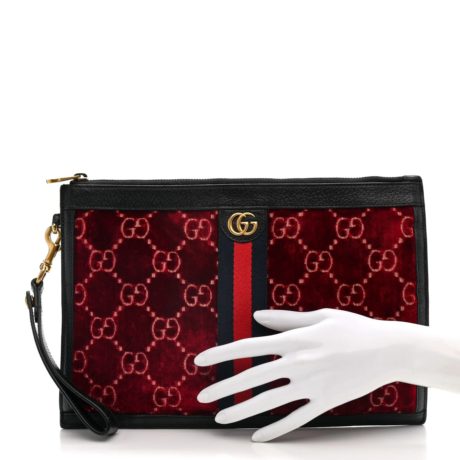 Velvet GG Monogram Textured Calfskin Web Ophidia Wristlet Red Cipria Black - Image 2