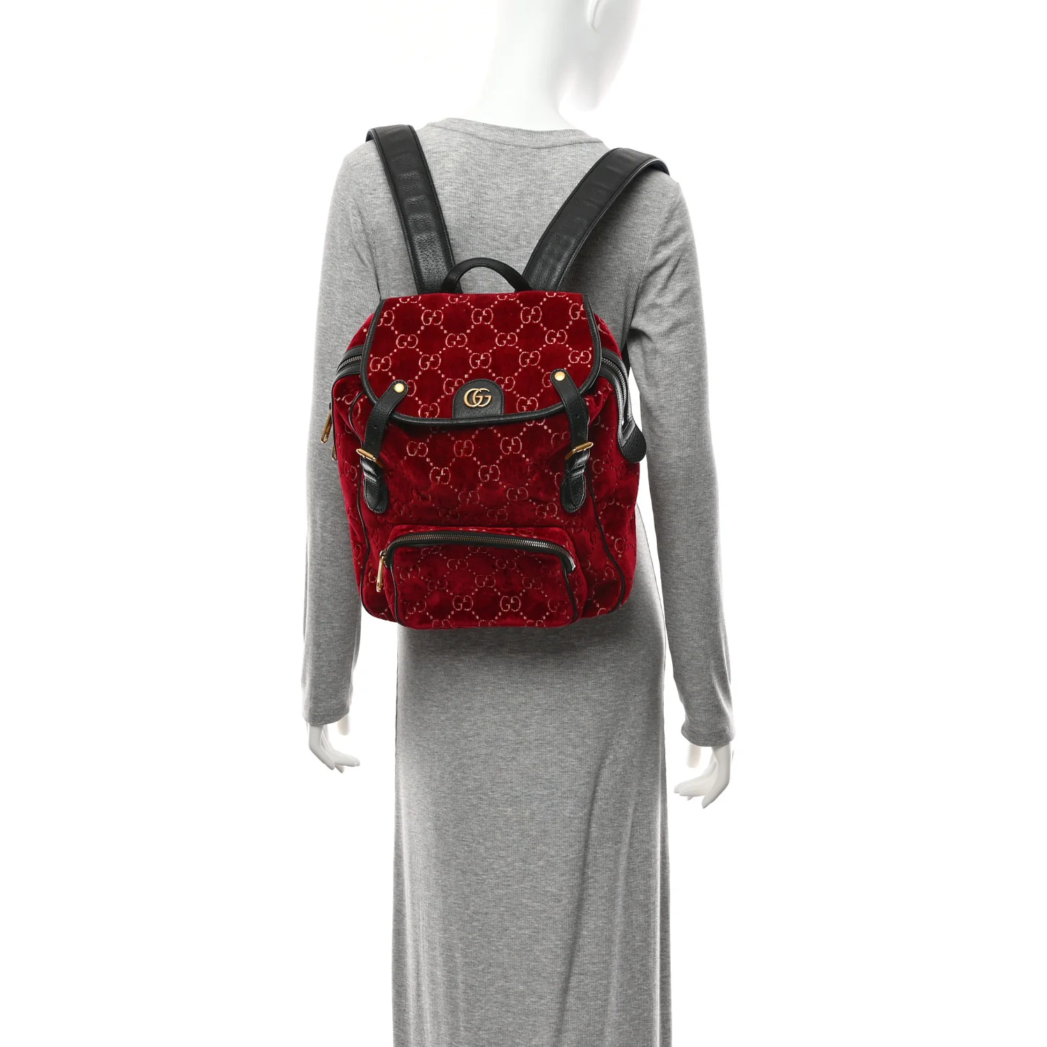 Velvet GG Monogram Textured Calfskin Web Small Double Buckle Backpack Red Cipria Black - Image 2