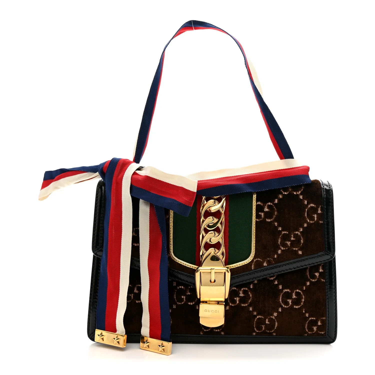 Velvet GG Monogram Web Small Sylvie Shoulder Bag Brown Black Oro Vecchio