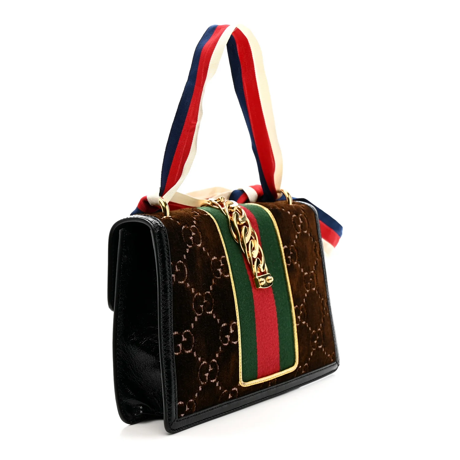 Velvet GG Monogram Web Small Sylvie Shoulder Bag Brown Black Oro Vecchio - Image 3
