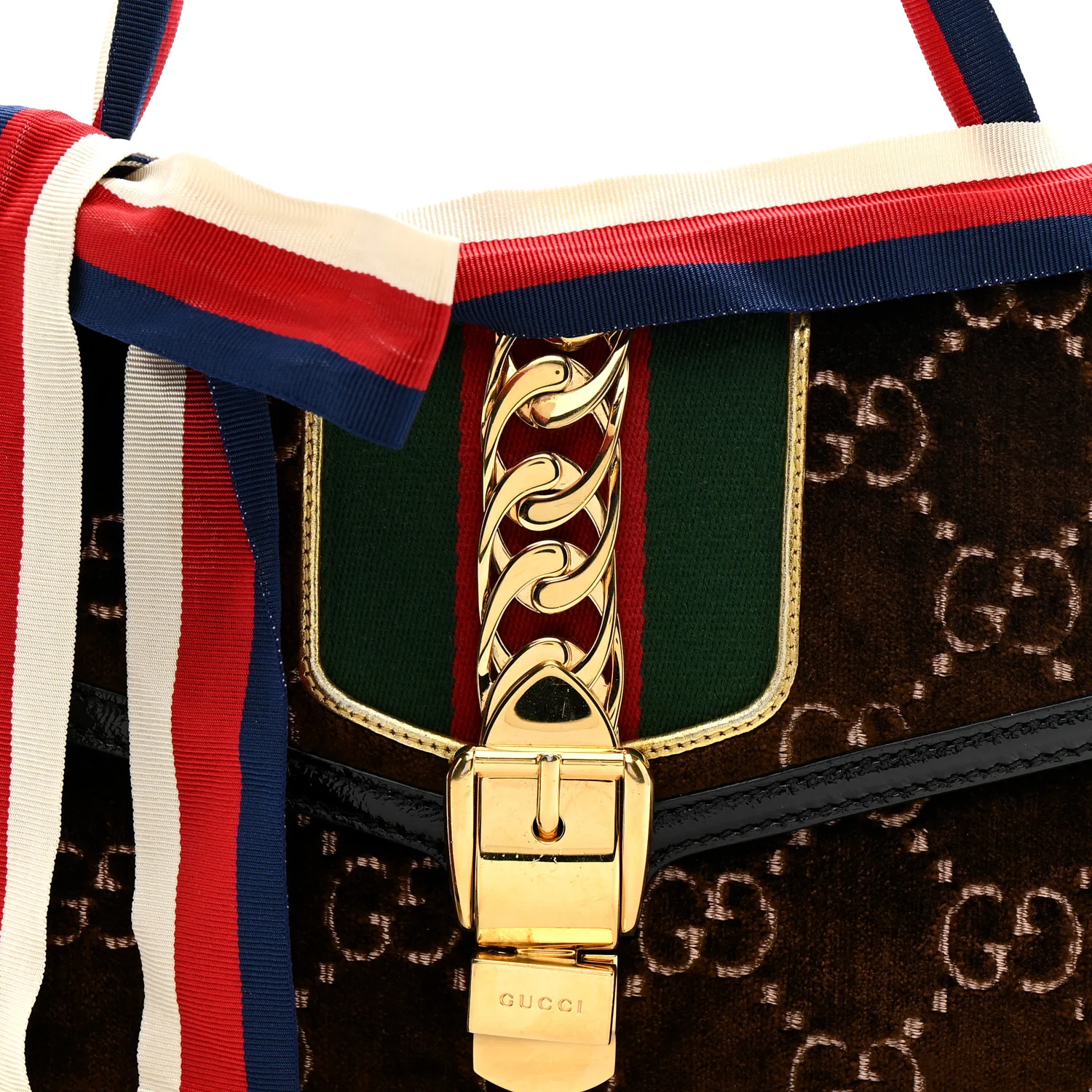 Velvet GG Monogram Web Small Sylvie Shoulder Bag Brown Black Oro Vecchio - Image 8