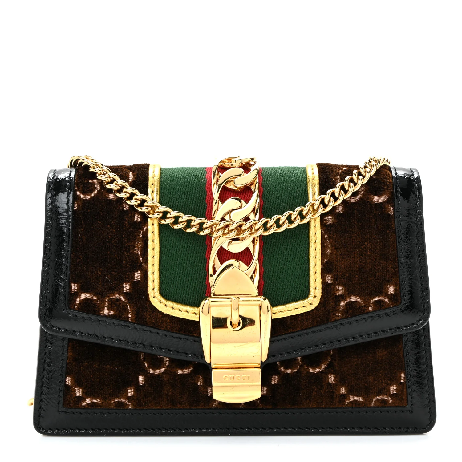 Velvet GG Monogram Web Super Mini Sylvie Chain Shoulder Bag Brown Black Oro Vecchio