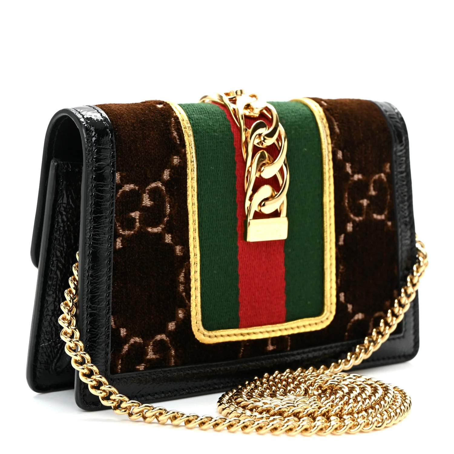Velvet GG Monogram Web Super Mini Sylvie Chain Shoulder Bag Brown Black Oro Vecchio - Image 3
