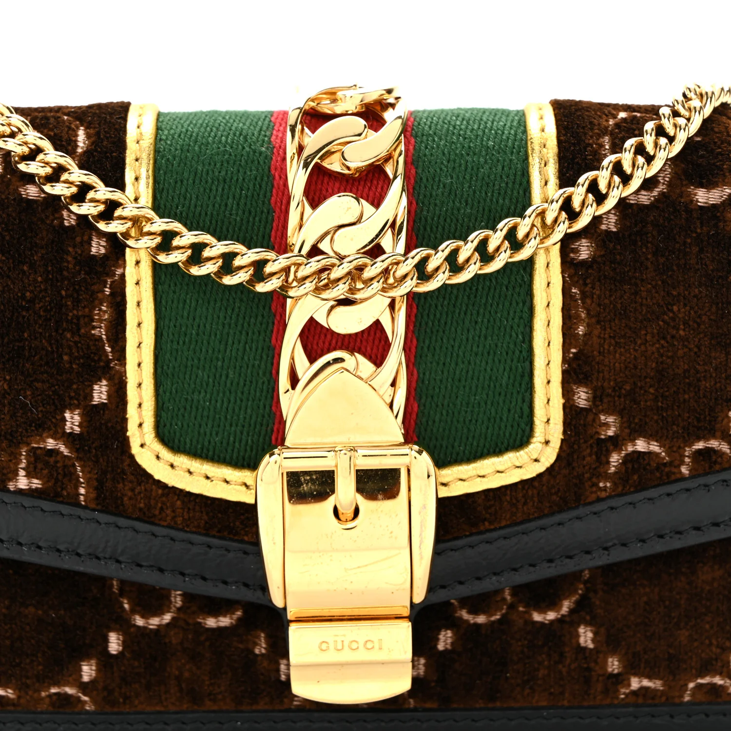 Velvet GG Monogram Web Super Mini Sylvie Chain Shoulder Bag Brown Black Oro Vecchio - Image 8