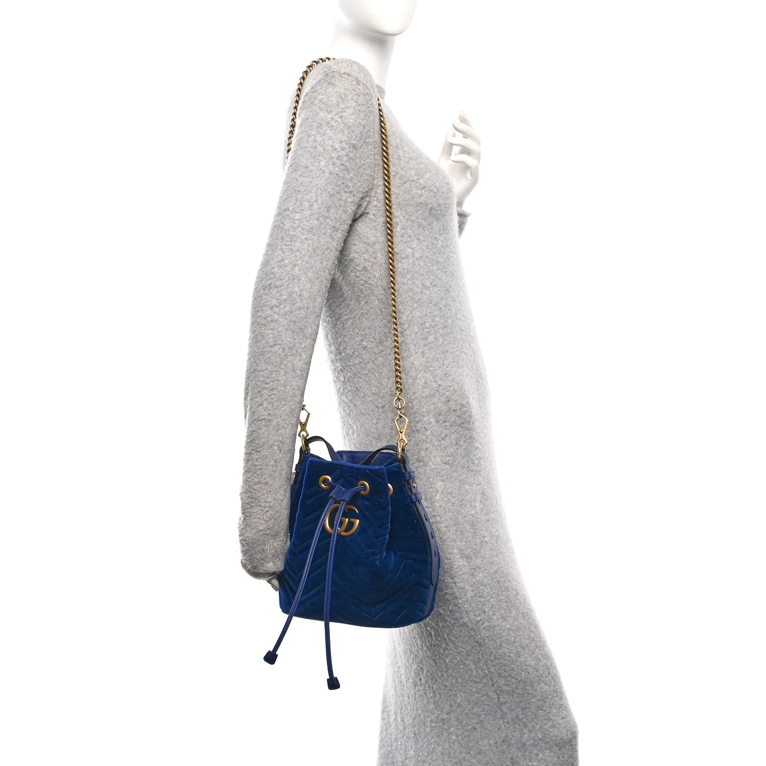 Velvet Matelasse GG Marmont Bucket Bag Cobalt Blue - Image 3