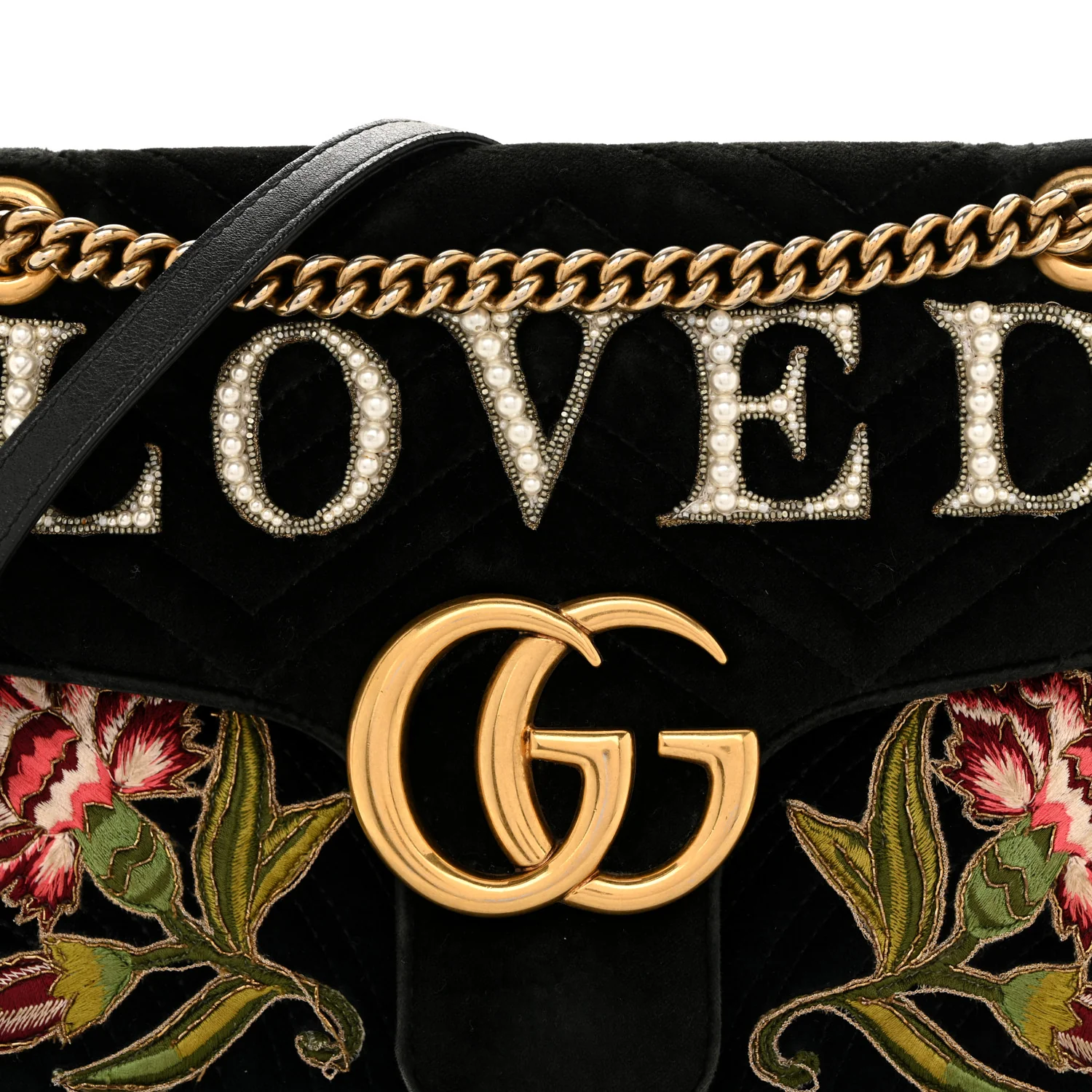 Velvet Matelasse Loved Embroidered Medium GG Marmont Shoulder Bag Black - Image 9