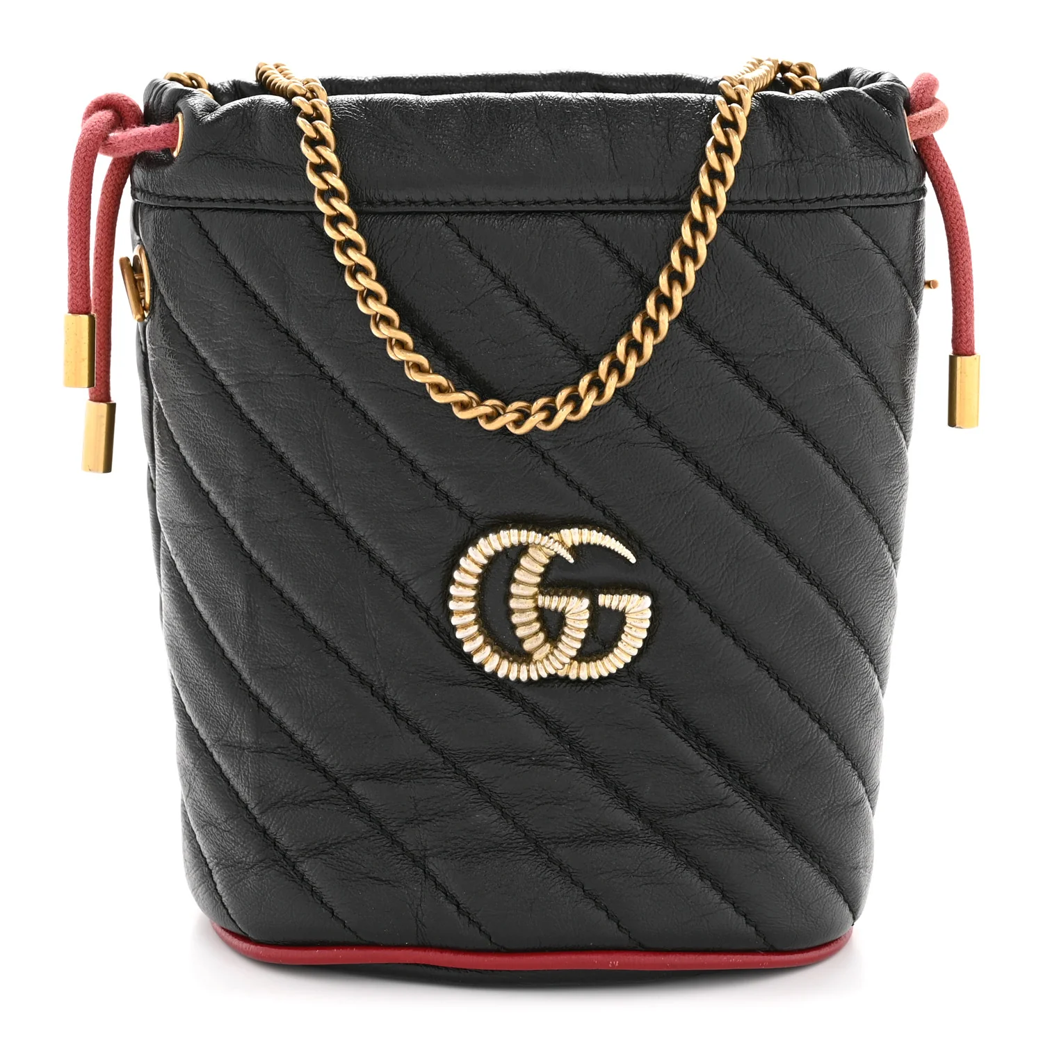 Vintage Effect Calfskin Matelasse Diagonal Mini Torchon GG Marmont 2.0 Bucket Bag Black Romantic Cherry