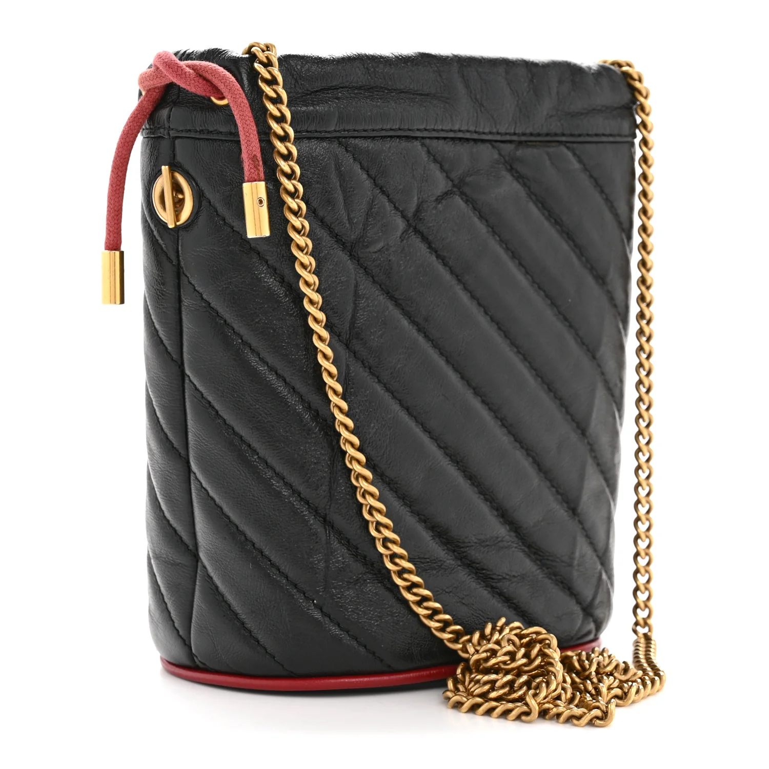 Vintage Effect Calfskin Matelasse Diagonal Mini Torchon GG Marmont 2.0 Bucket Bag Black Romantic Cherry - Image 3