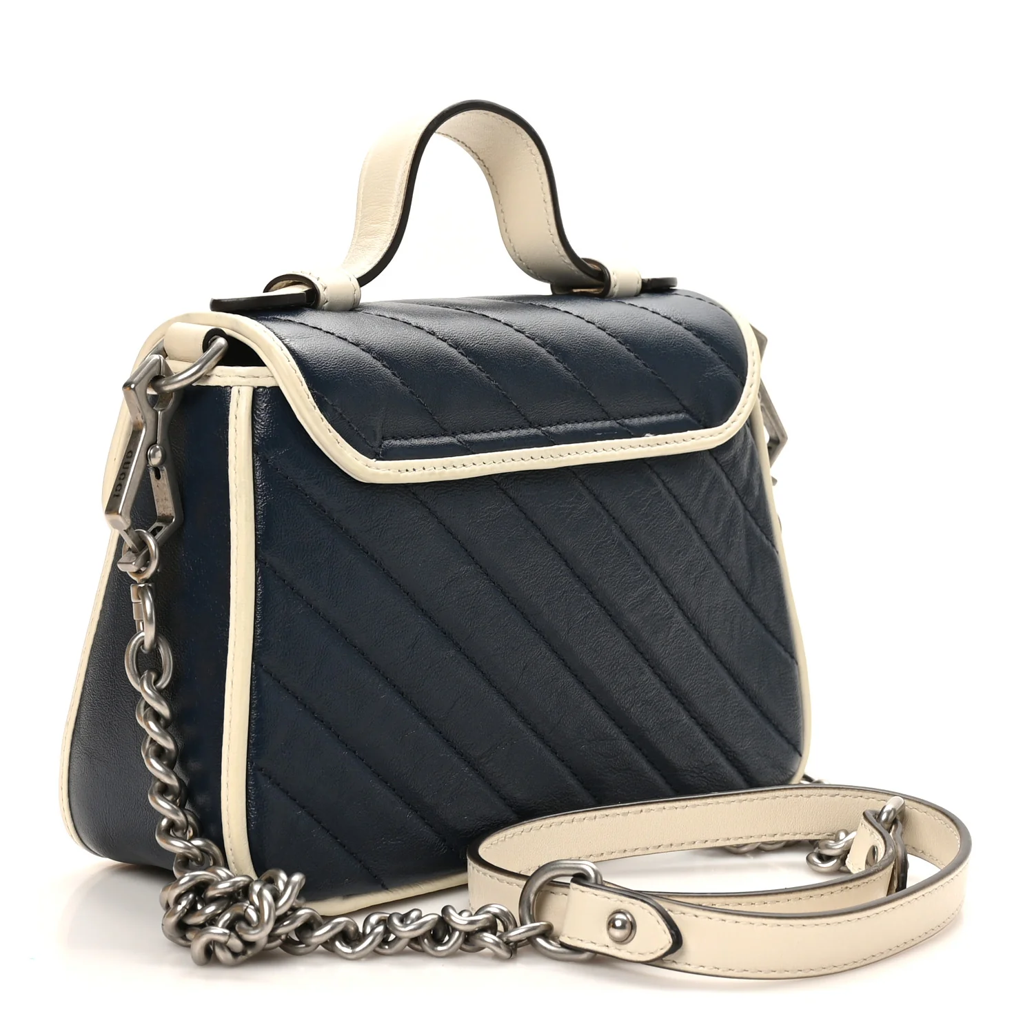 Vintage Effect Calfskin Matelasse Diagonal Mini Torchon GG Marmont Top Handle Shoulder Bag Blue Agata Mystic White - Image 3