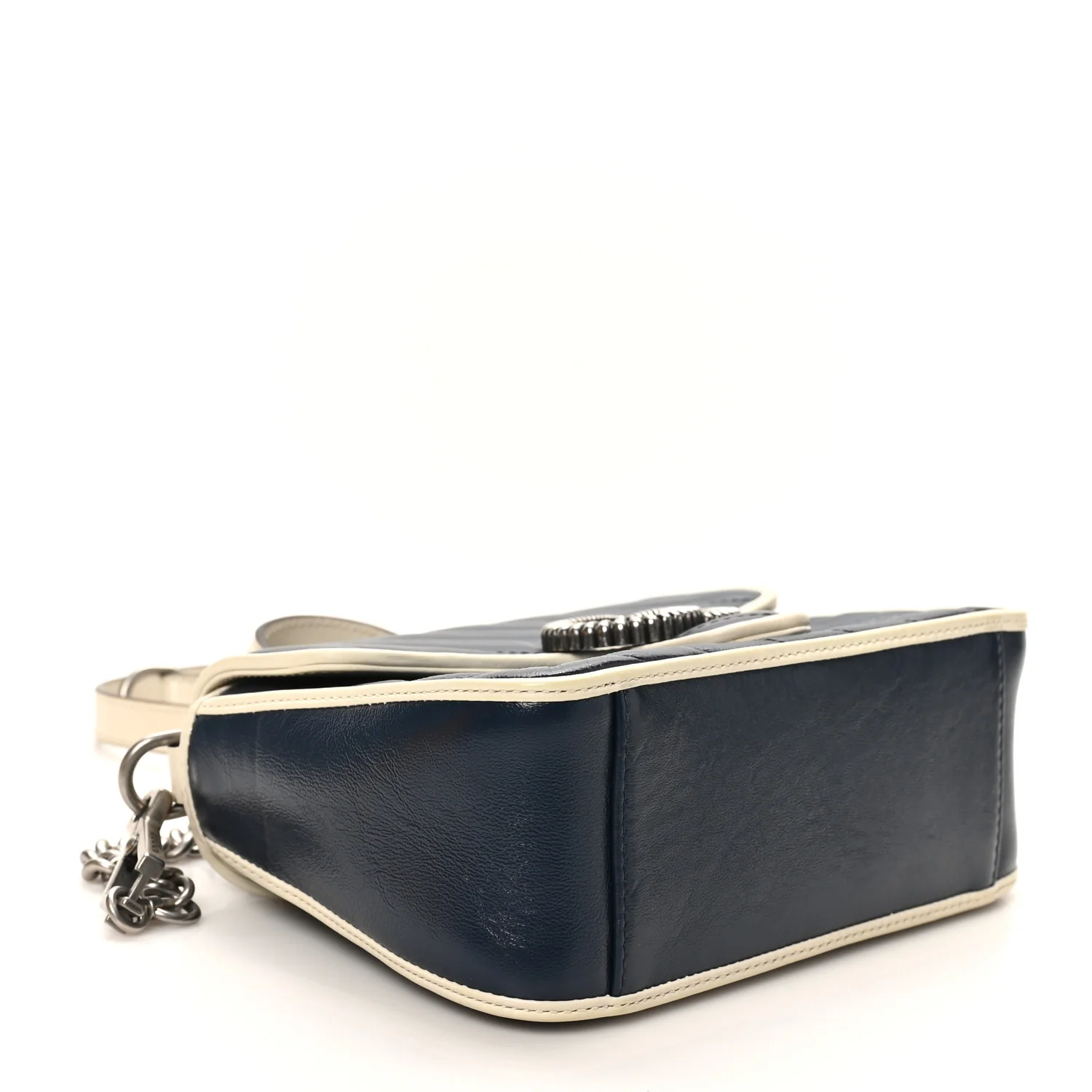 Vintage Effect Calfskin Matelasse Diagonal Mini Torchon GG Marmont Top Handle Shoulder Bag Blue Agata Mystic White - Image 4