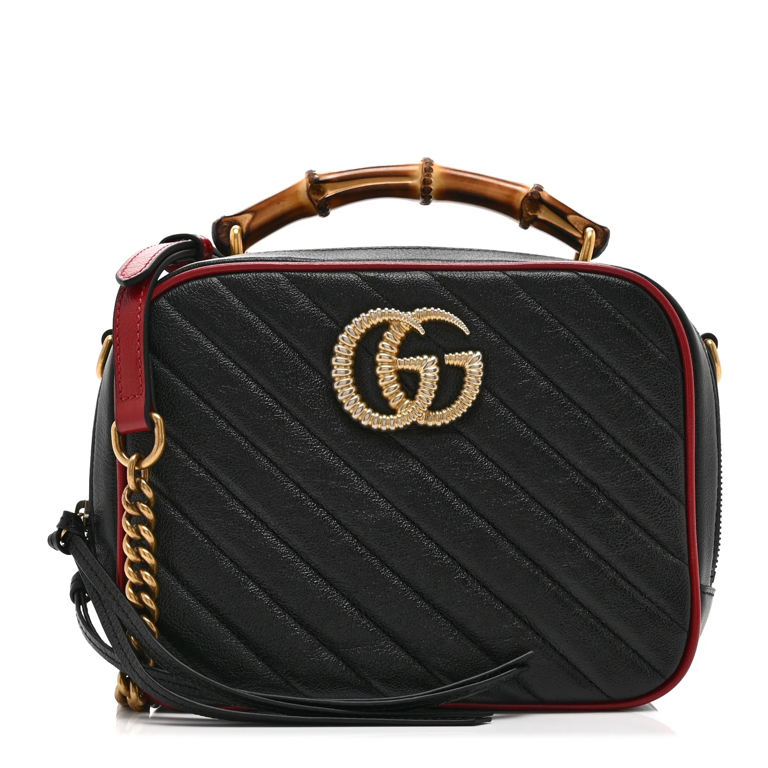 Vintage Effect Calfskin Matelasse Diagonal Small Torchon GG Marmont Bamboo Top Handle Shoulder Bag Black Romantic Cherry