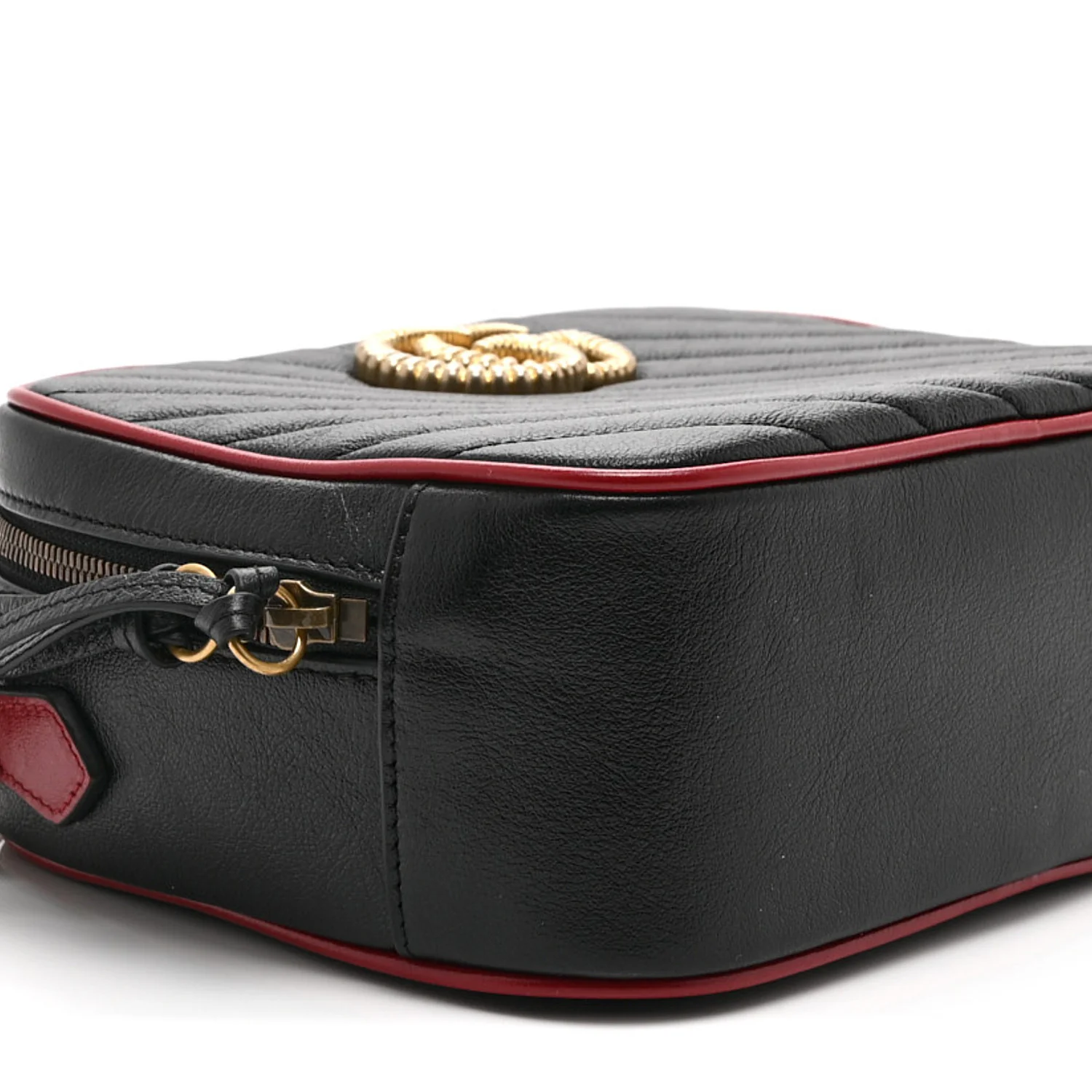 Vintage Effect Calfskin Matelasse Diagonal Small Torchon GG Marmont Bamboo Top Handle Shoulder Bag Black Romantic Cherry - Image 10