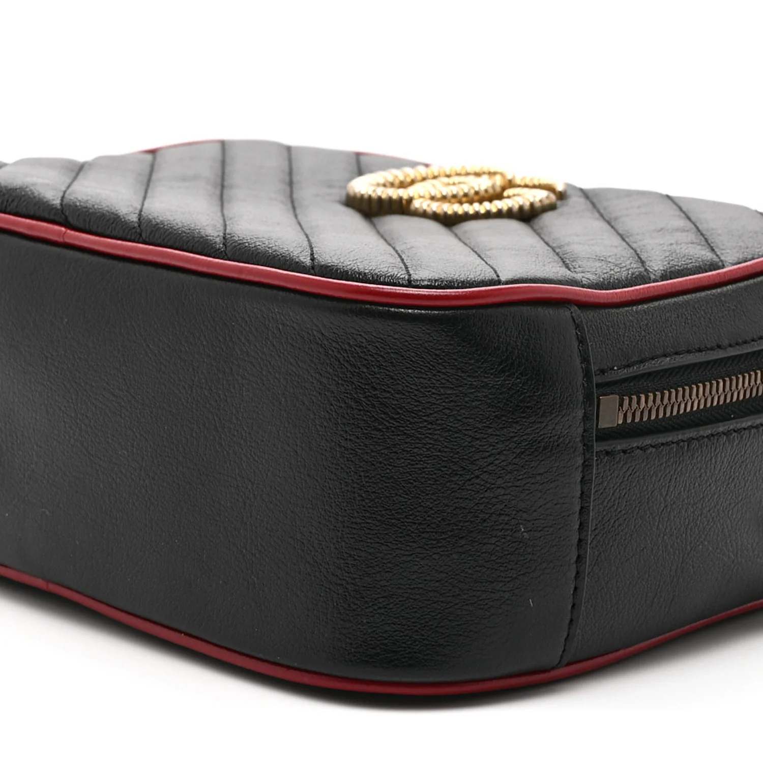 Vintage Effect Calfskin Matelasse Diagonal Small Torchon GG Marmont Bamboo Top Handle Shoulder Bag Black Romantic Cherry - Image 11