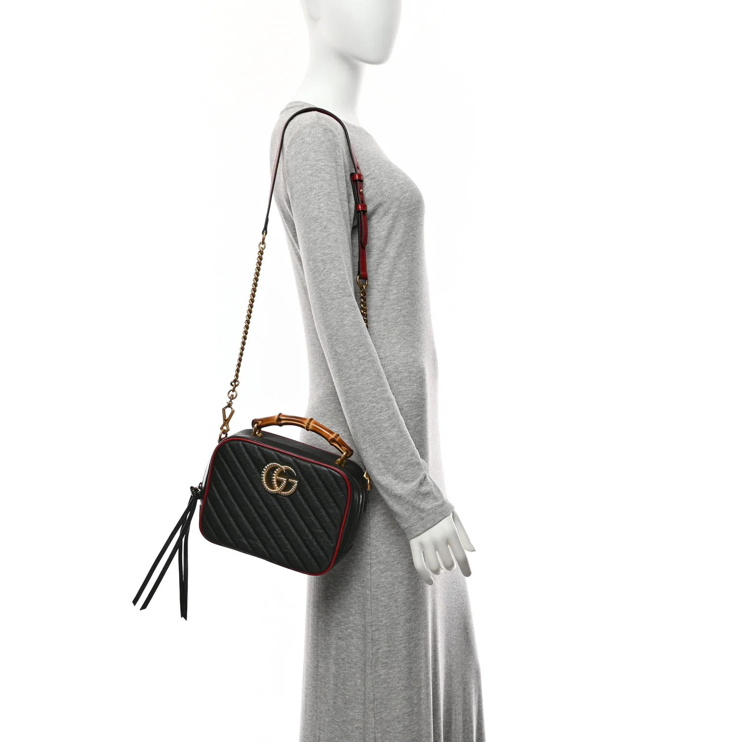 Vintage Effect Calfskin Matelasse Diagonal Small Torchon GG Marmont Bamboo Top Handle Shoulder Bag Black Romantic Cherry - Image 2