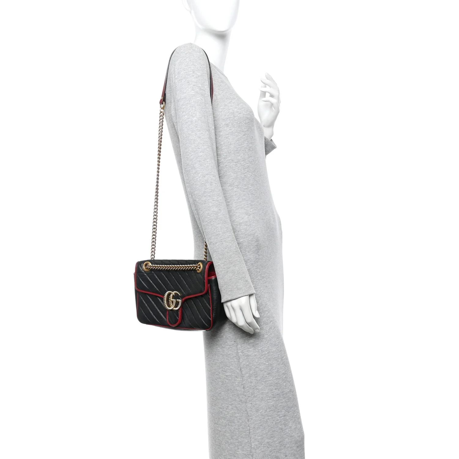 Vintage Effect Calfskin Matelasse Diagonal Small Torchon GG Marmont Shoulder Bag Black Romantic Cherry - Image 2
