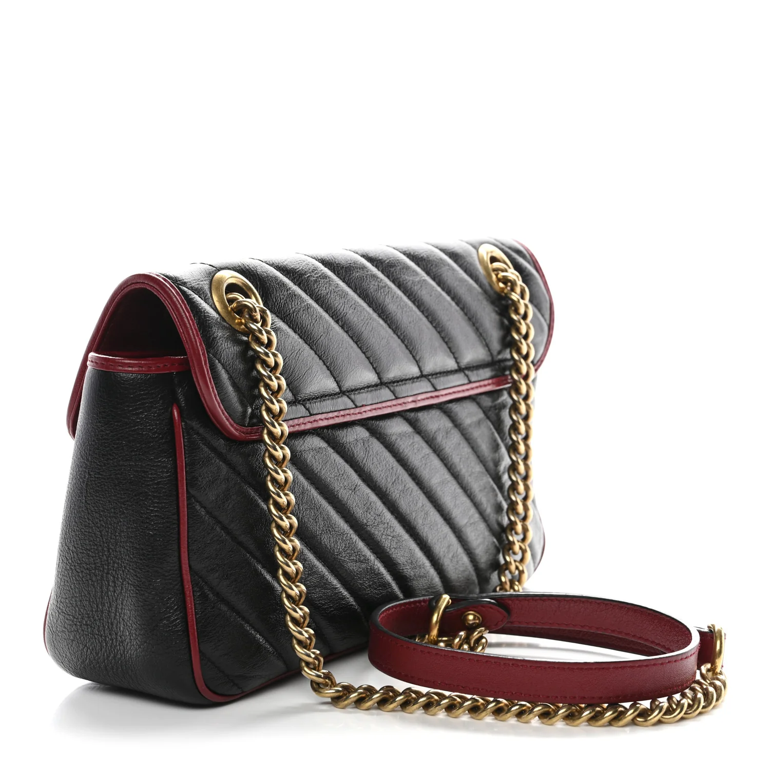 Vintage Effect Calfskin Matelasse Diagonal Small Torchon GG Marmont Shoulder Bag Black Romantic Cherry - Image 3