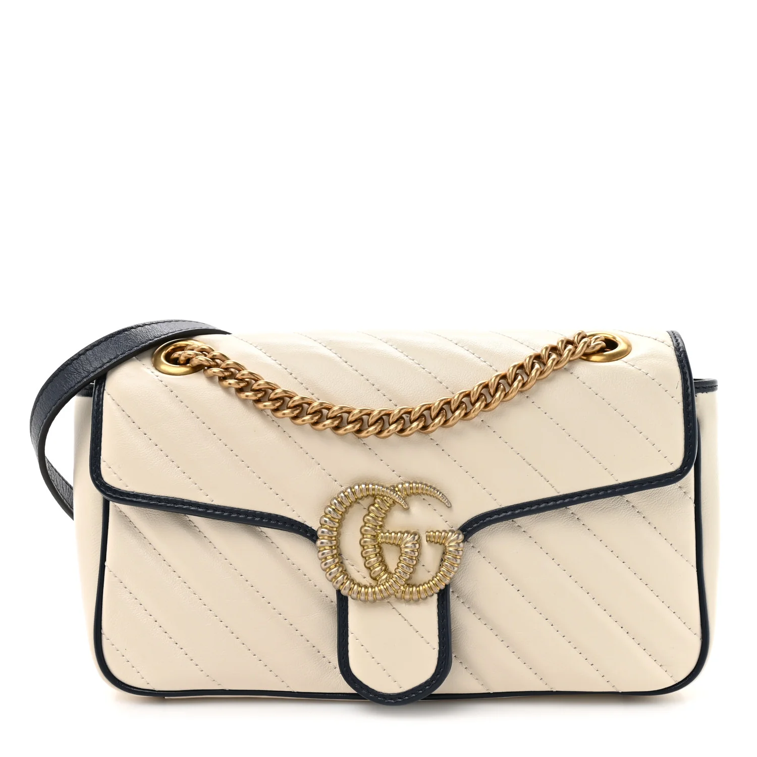 Vintage Effect Calfskin Matelasse Diagonal Small Torchon GG Marmont Shoulder Bag Mystic White Blue Agata