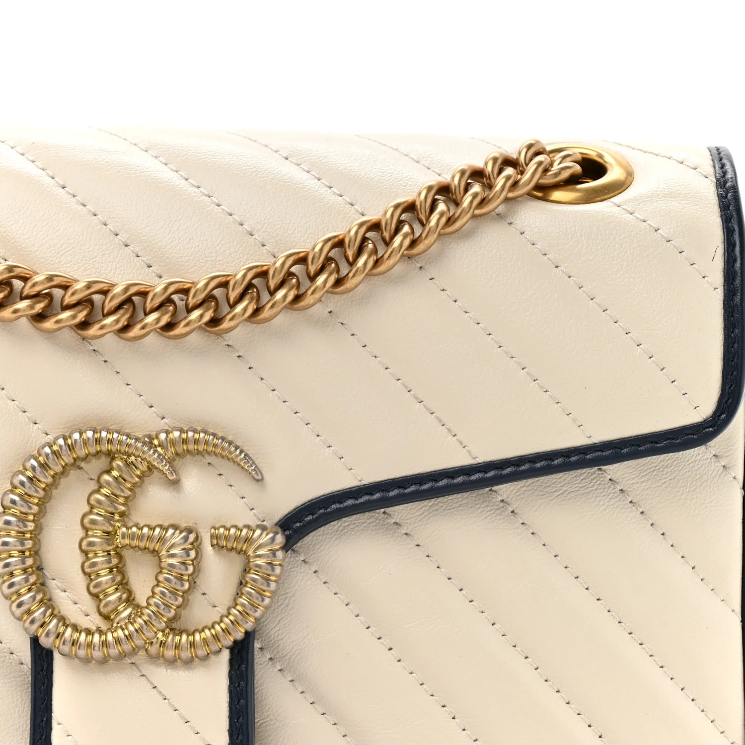 Vintage Effect Calfskin Matelasse Diagonal Small Torchon GG Marmont Shoulder Bag Mystic White Blue Agata - Image 8