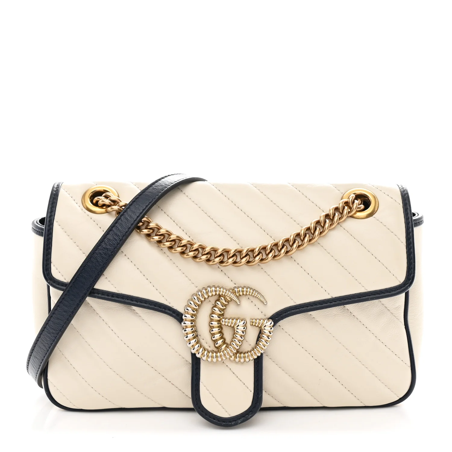 Vintage Effect Calfskin Matelasse Diagonal Small Torchon GG Marmont Shoulder Bag Mystic White Blue Agata