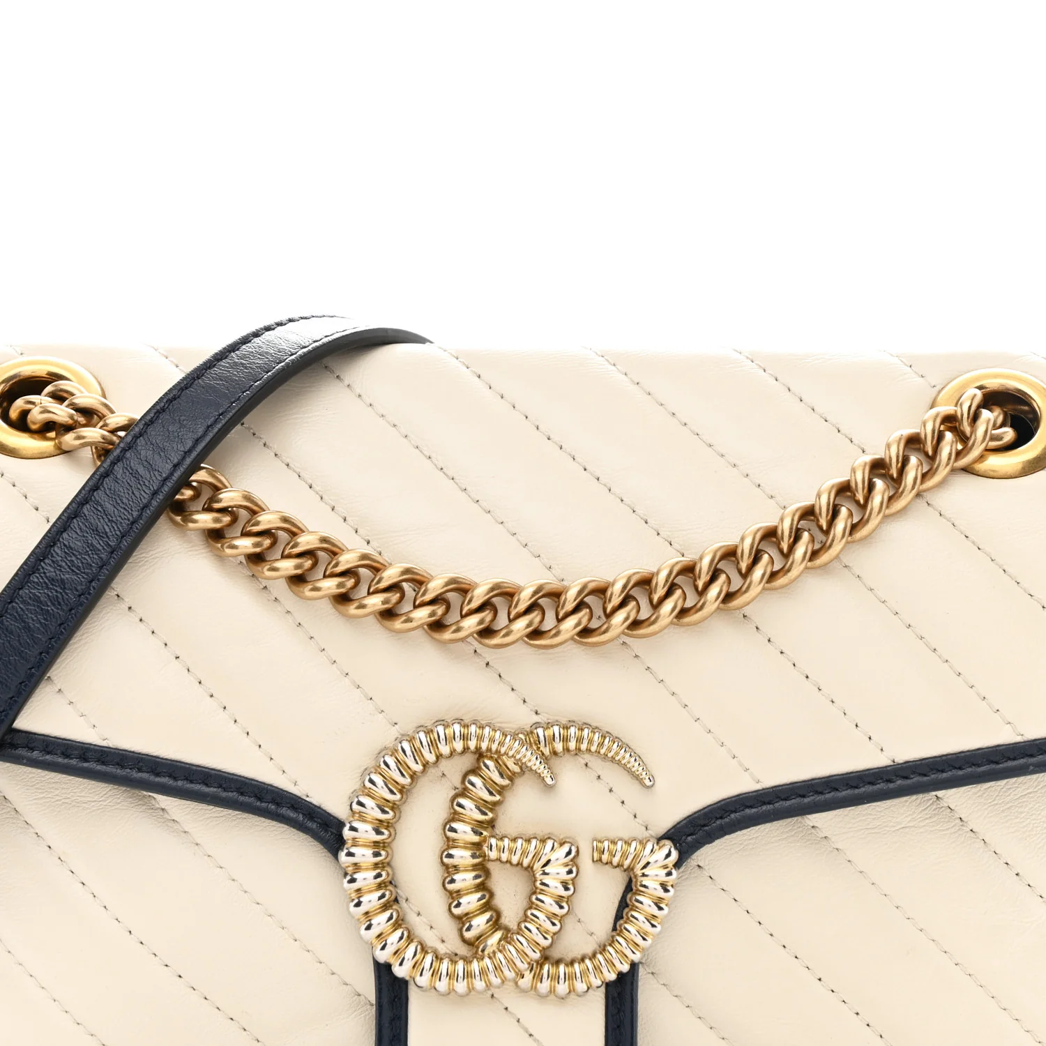 Vintage Effect Calfskin Matelasse Diagonal Small Torchon GG Marmont Shoulder Bag Mystic White Blue Agata - Image 8